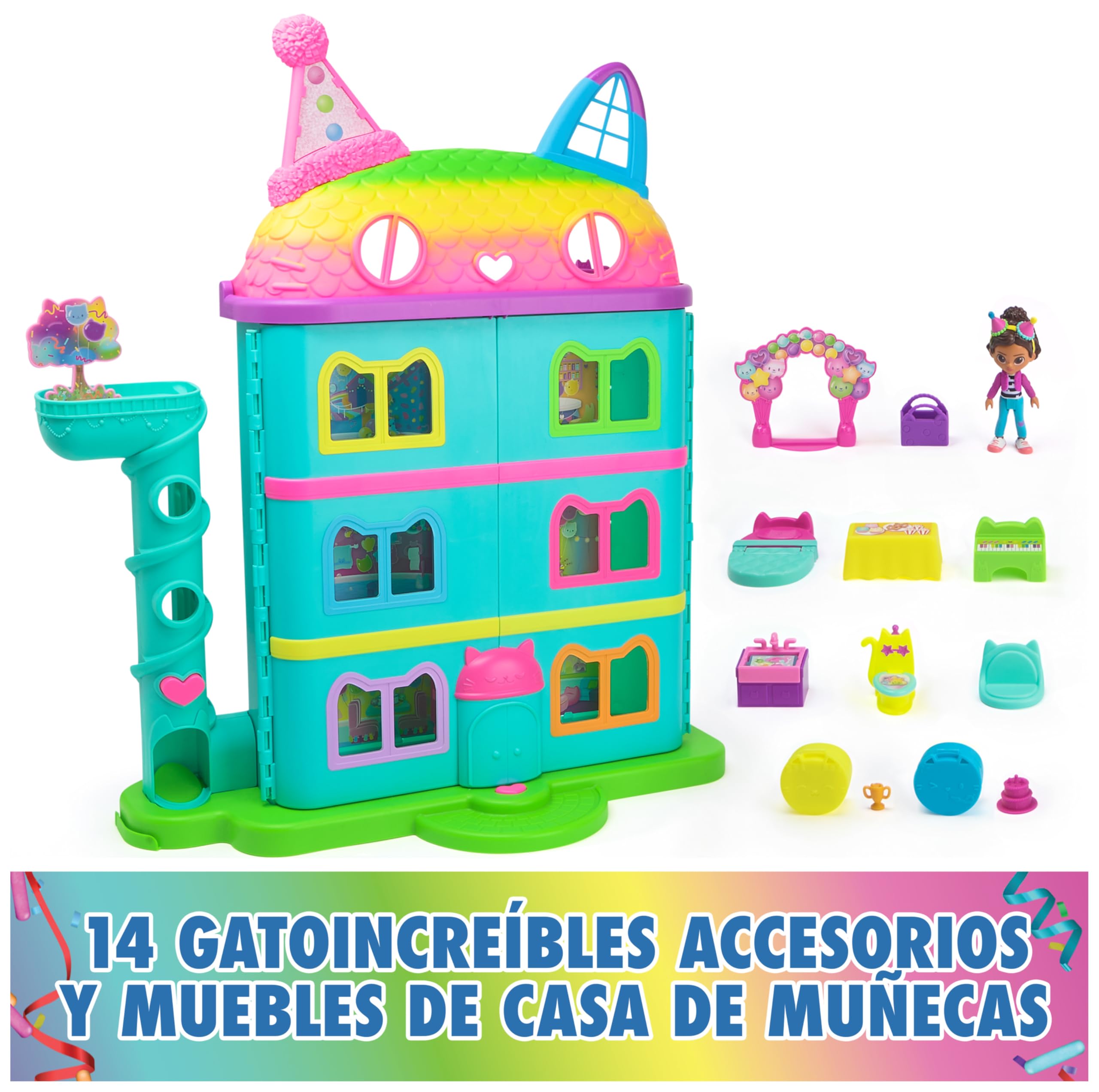 LA CASA DE MUÑECAS DE GABBY - CASA DE MUÑECAS FESTIVA GABBY'S DOLLHOUSE CON SONIDOS, FIGURA, 14 ACCESORIOS ARCOIRIS Y 2 CAJAS SORPRESA - 6070742 - Juegos Infantiles - Juguetes Niños 3 años +