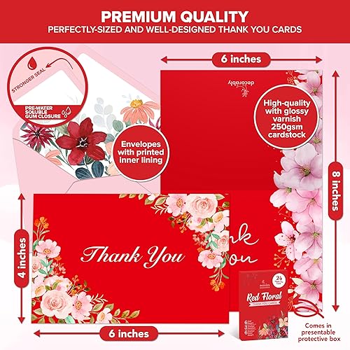 Miniatura 3 de Decorably Tarjetas de agradecimiento con sobres y calcomanías, tarjetas con temática floral, paquete de 24 tarjetas de agradecimiento rojas con