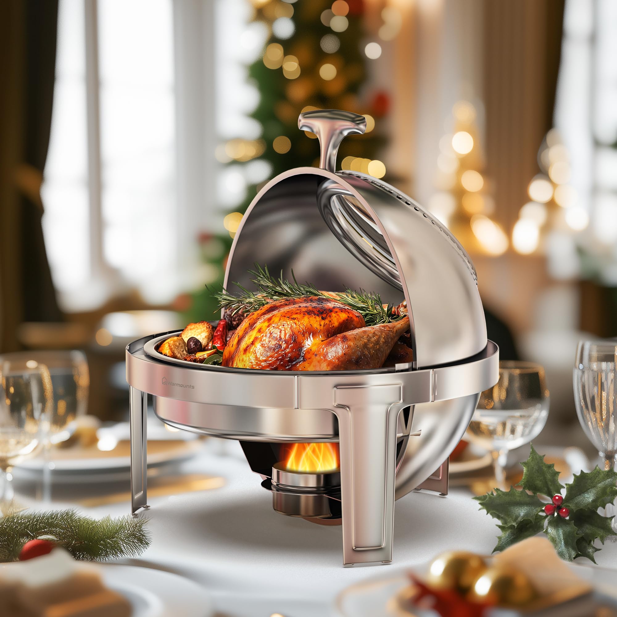 Warmounts 6QT Roll Top Chafing Dish Buffet Set, Round Chafing Dishes for Buffet with Visible Lid, Serving Utensils, Stainless Steel Chafers for Catering for Parties, Events (Full Size Pan)