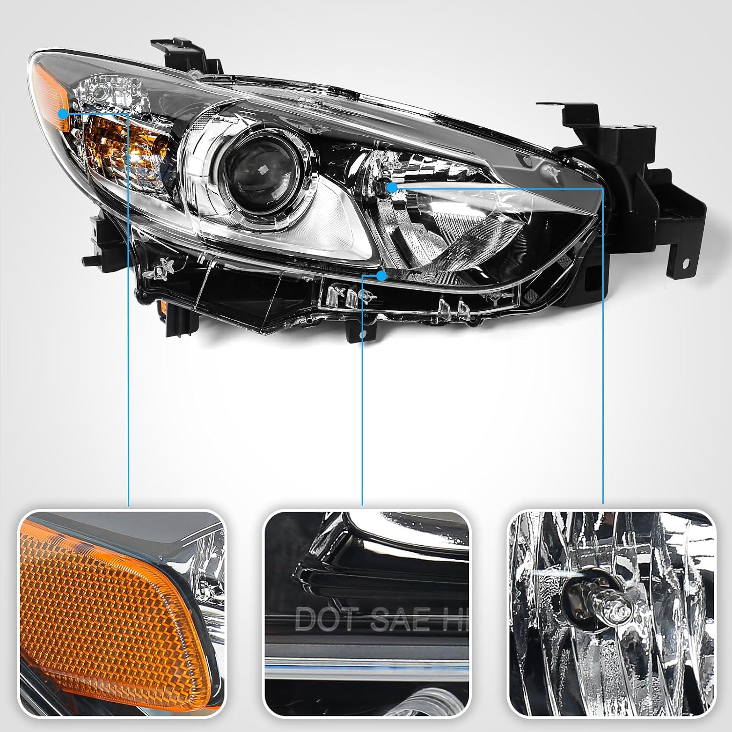 Huray Halogen Headlight Assembly for Mazda 6 2014 2015 2016 2017 RH Projector Headlamp w/Bulbs OE Factory Replacement for MA2519160 Right Passenger Side