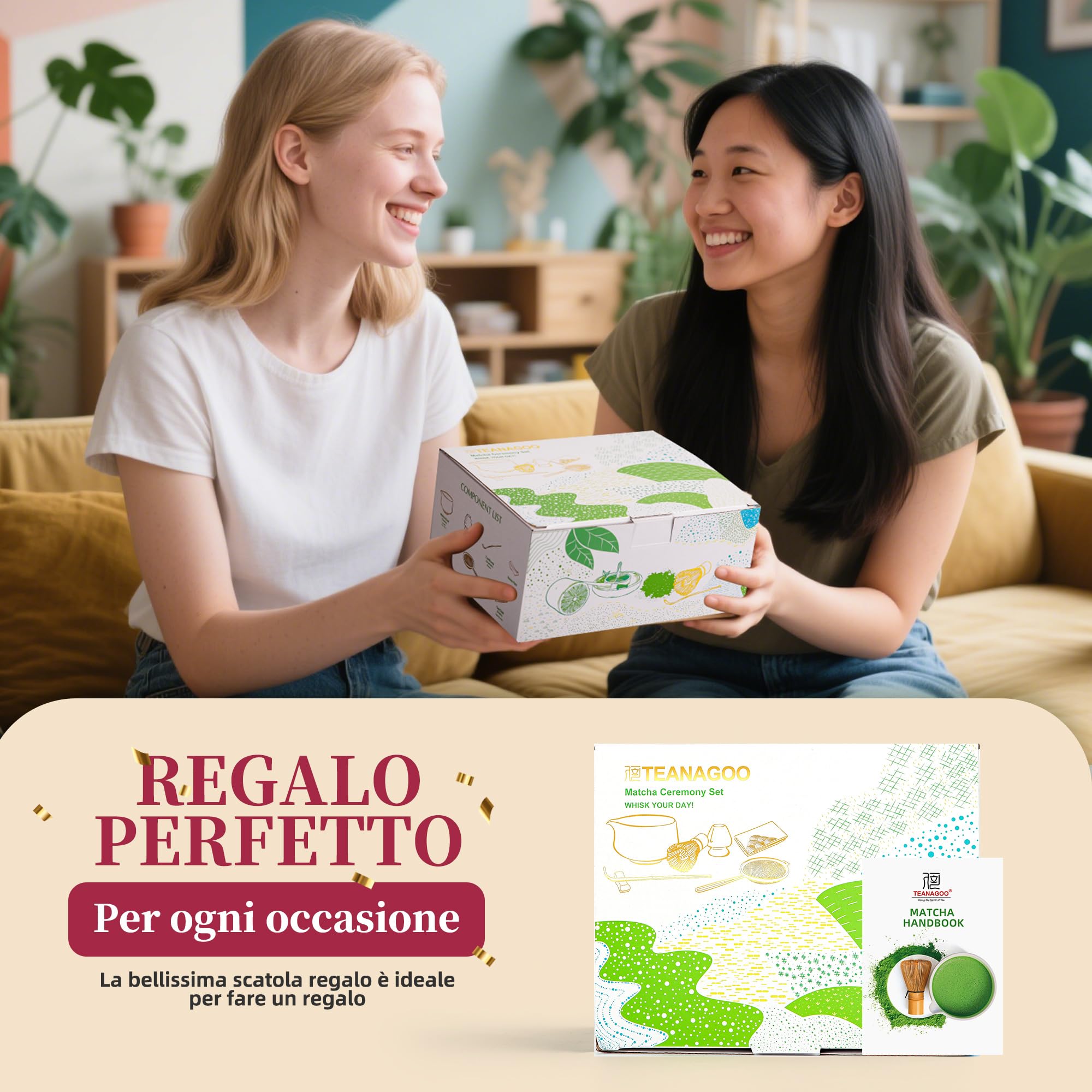 TEANAGOO MATCHA KIT, Matcha Set rosa, Matcha Cerimoniale, set per preparare il latte al tè matcha, set con frusta e ciotola con cucchiaio e setaccio, ciotola in ceramica con design Fuji,
