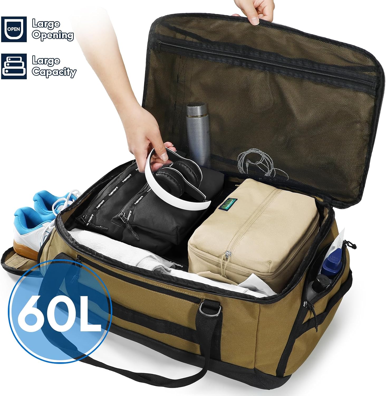 Haimont Large Collapsible Duffle Bag Backpack for Travel, Water-Resistant 55L Weekender Bag with Shoe Pocket, Men & Women, Sports, Traveling, Camping, Outdoor, Brown - Image 4