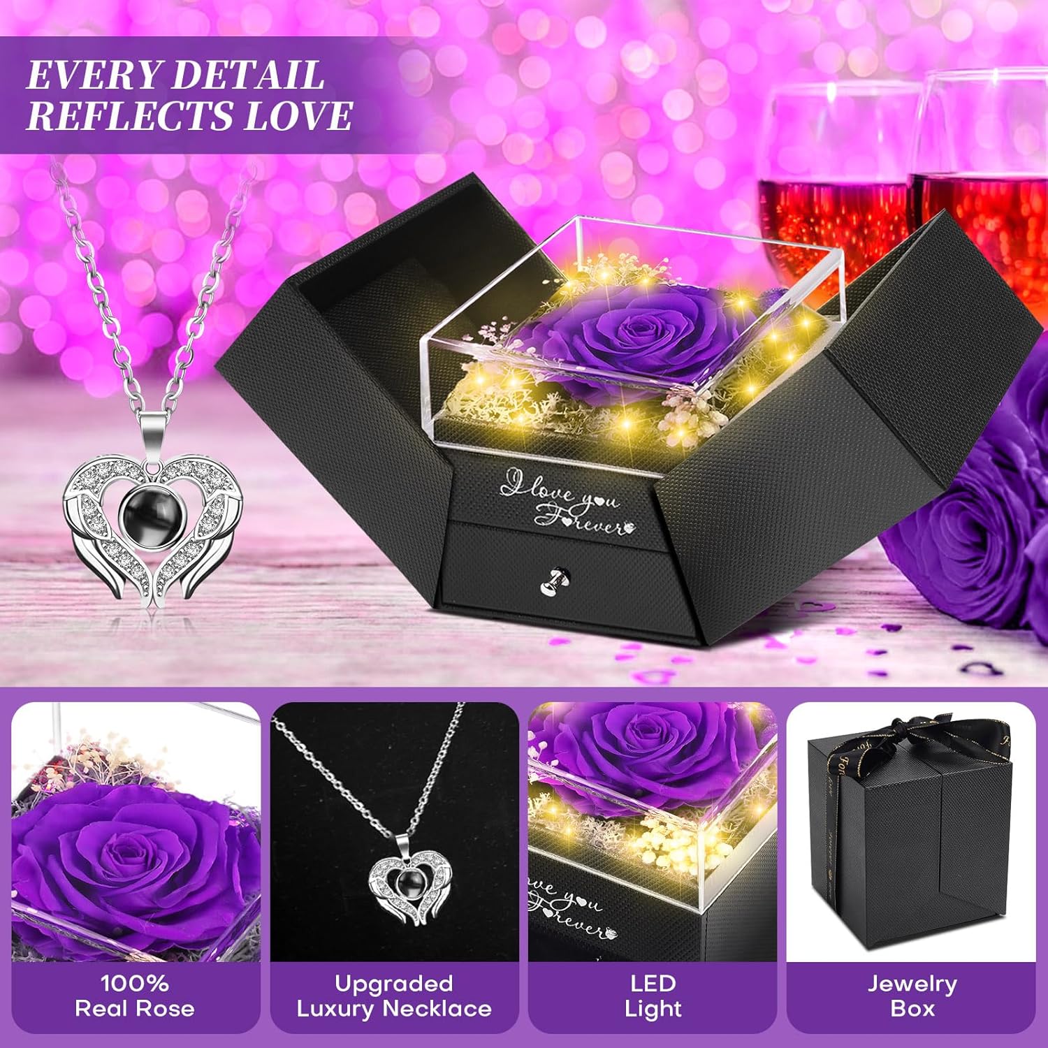 WOKEISE Lighted Preserved Real Rose Flowers with I Love You Heart Necklace, Anniversary Birthday Gifts for Women Girlfriend Wife Mom Grandma,Valentines Mothers Day, Purple - Image 3