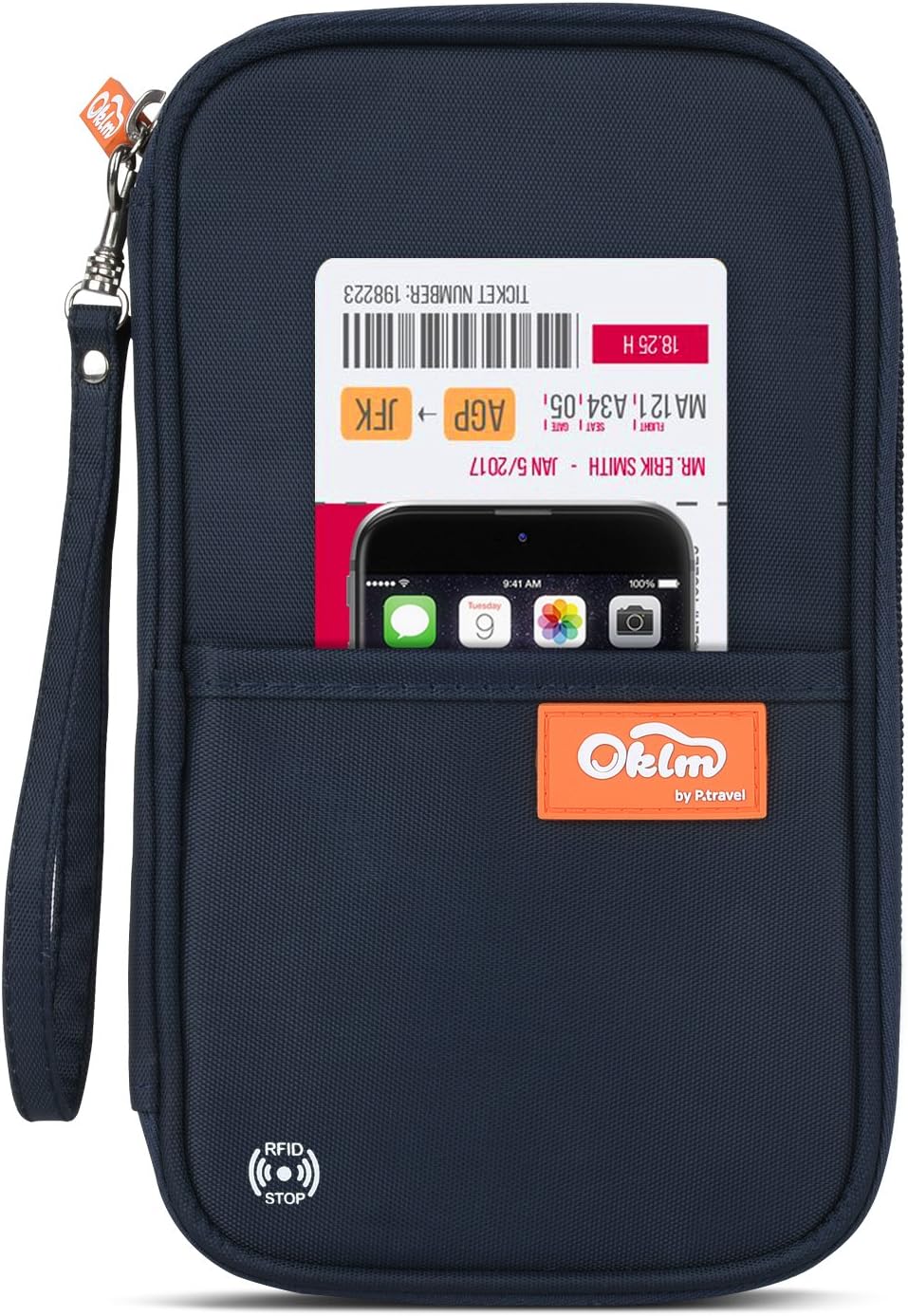 RFID Travel Passport Wallet and Credit Card Holder by FLYNOVA| Small Clutch with Zippered Pockets | Carry Money, Tickets, Documents | Includes Smartphone Pocket (Navy Blue)
