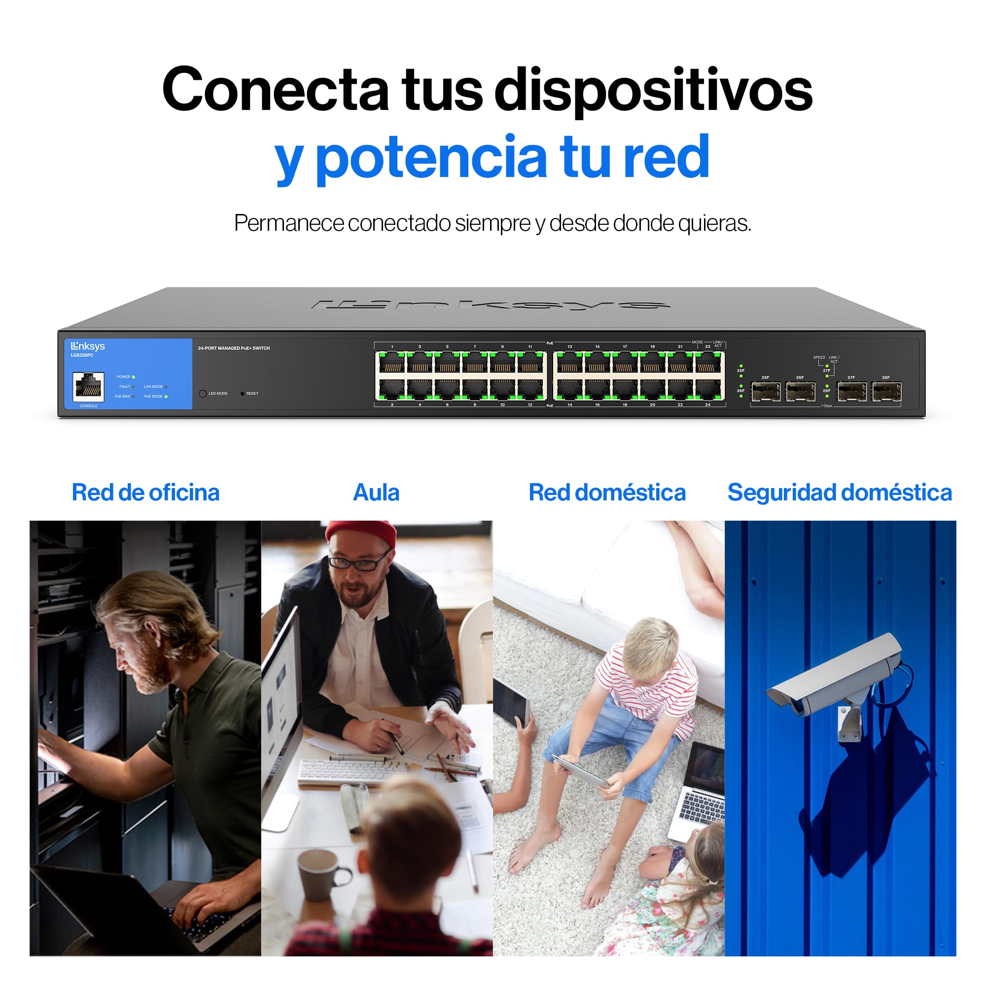 Linksys switch de red Gigabit administrado de 24 puertos LGS328PC con 4 ranuras SFP de enlace de subida de 1 Gb, PoE/PoE+, QoS, enrutamiento estático, VLAN, IGMP, carcasa de metal