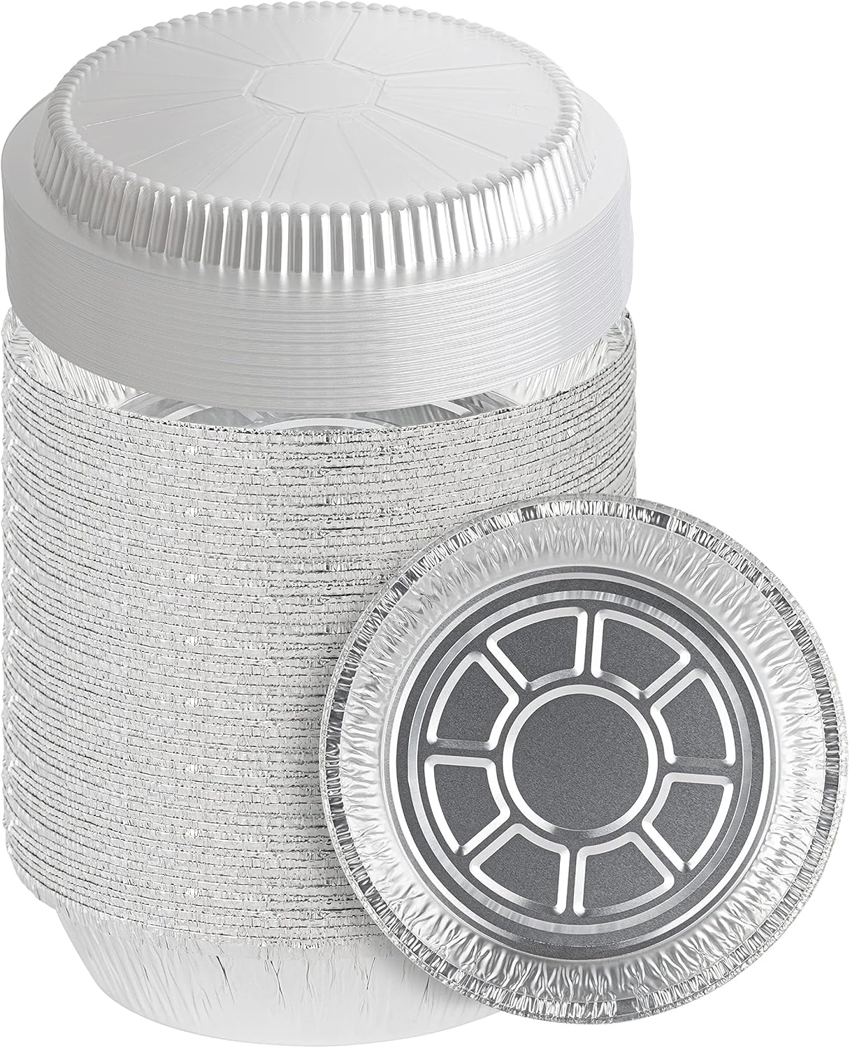 PARTY BARGAINS 7″ Round Heavy Duty Disposable Aluminum Pans with Clear Plastic Lids, 100 Pack, Oven & Freezer Safe, Leak-Resistant for Parties, Catering & Meal Prep (Max 240°C)