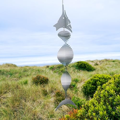 Miniatura 4 de In the Breeze Fish Shimmer Helix - Molinillo de viento colgante, acero inoxidable, Marlin, 7062