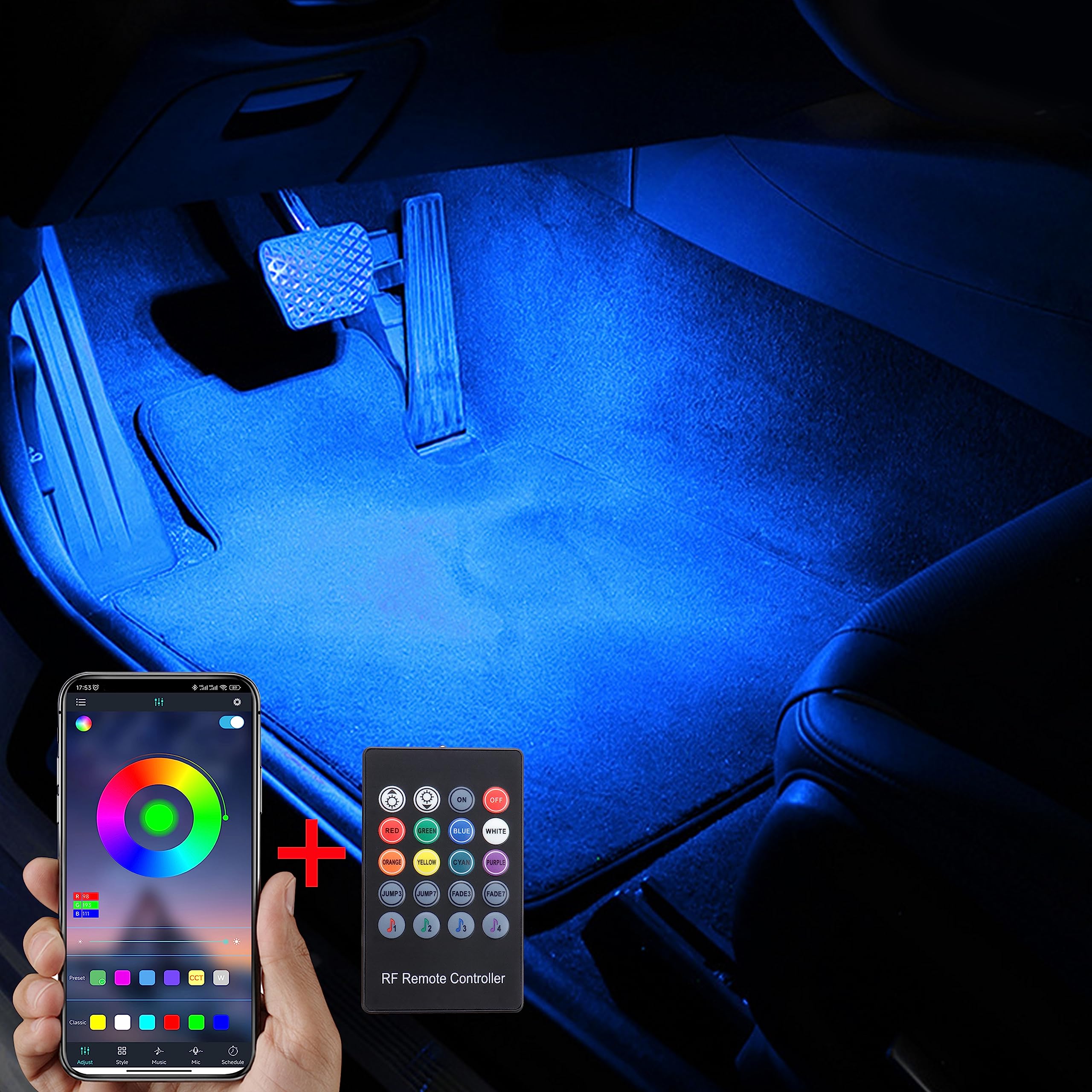 TABEN RGB Car Footwell Ambient Lighting Kit APP Control + RF Remote Control, 16.7 Millions Colors Sound Active Music Sync USB Cable Car Interior Footwell Atmosphere Light DC 12V