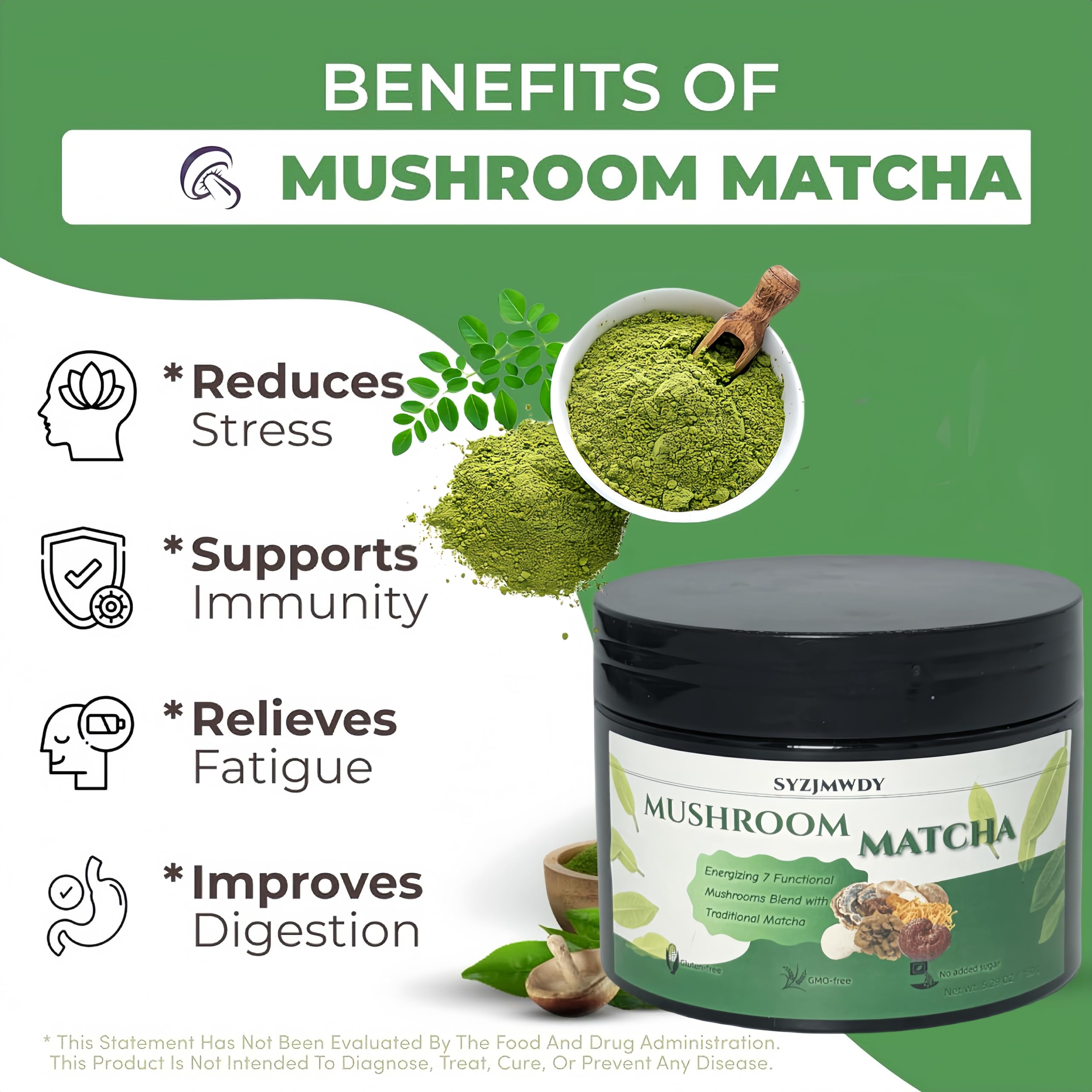 Ceremonial Grade Matcha Green Tea Premium Mushroom Matcha Powder 7 Adaptogen Blend Focus Energy Support Gluten-Free No Sugar — view 5