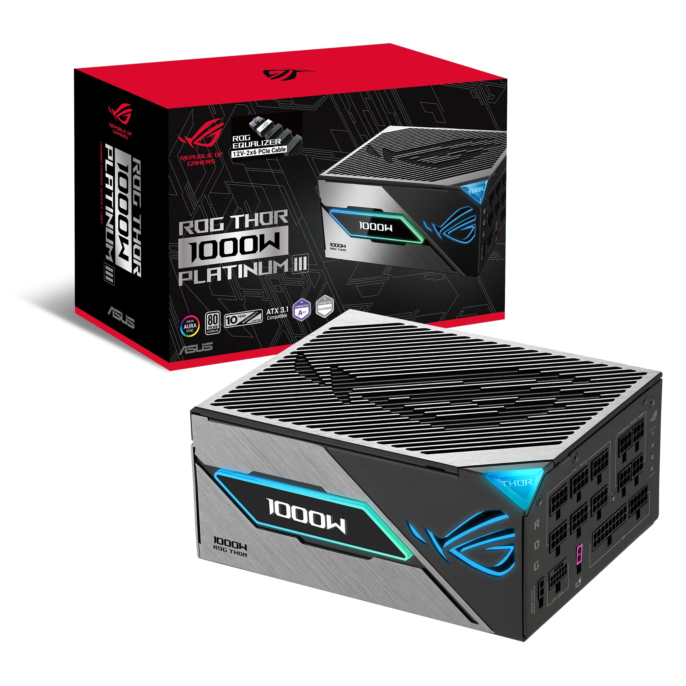 ASUS ROG Thor 1000W Platinum III Equalizer ATX Gaming Netzteil | ROG Equalizer 12V-2x6 PCIe Stromkabel, GaN-MOSFET, OLED Display, 80 PLUS & Cybenetics, ATX 3.1, PCIE 5.1, Schwarz