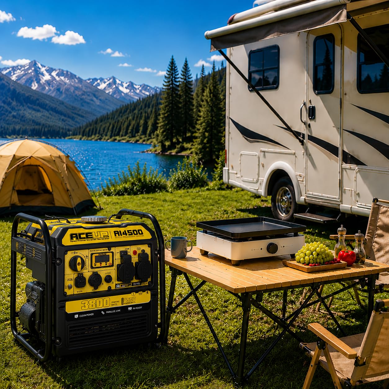 Aceup Energy Group Electrogene, Generador de Gasolina Inverter, Generador de Rescate 3800W con enchufes USB y 230V 12V, Pantalla Digital, Paralelo, Motor 4 Tiempos, Refrigerado por Aire
