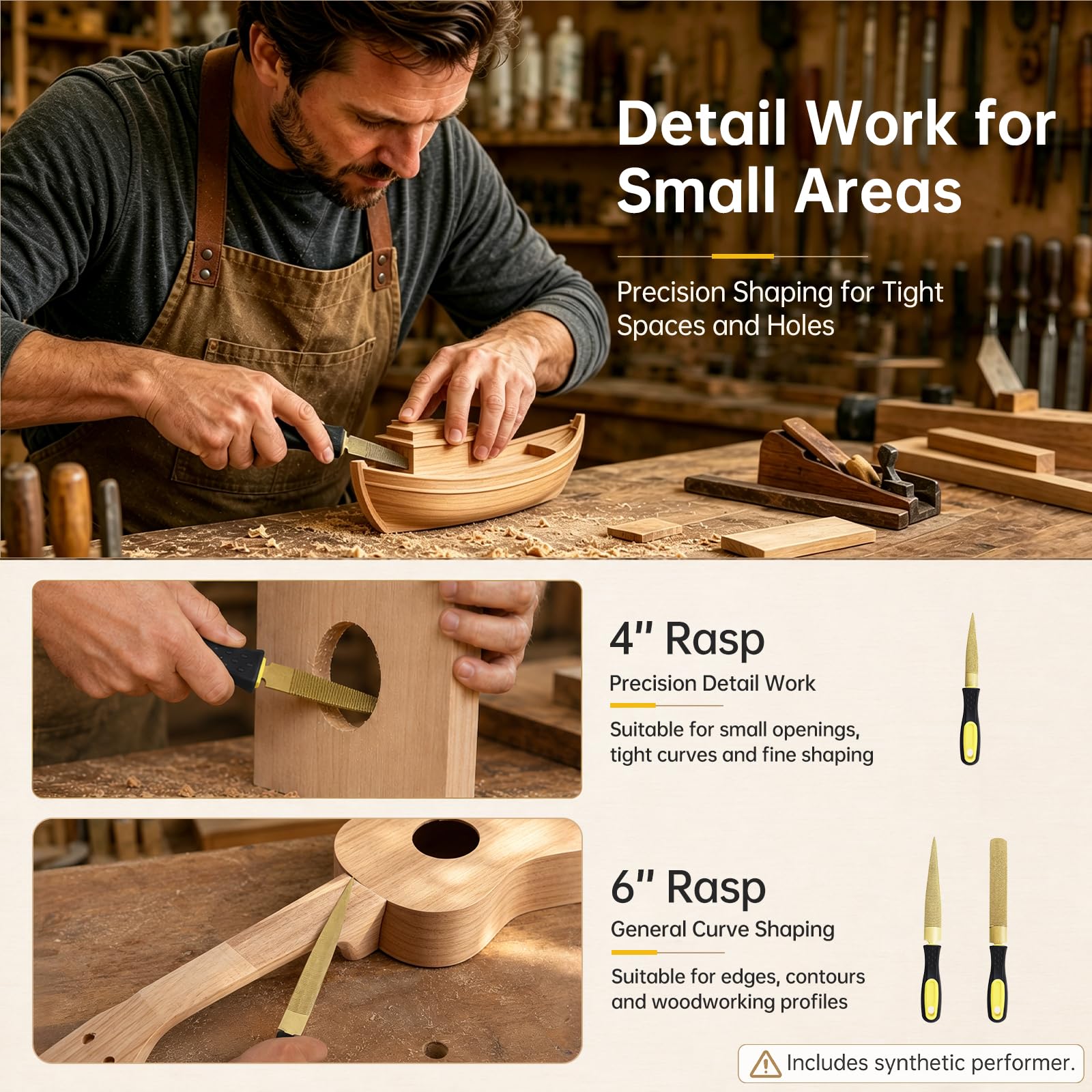 Lot de 5 râpes à bois en acier à haute teneur en carbone doré, double face coniques et demi-rondes, 10,2 - 15,2 - 20,3 - 25,4 cm pour le travail du bois/la sculpture/l'affûtage avec poignée en