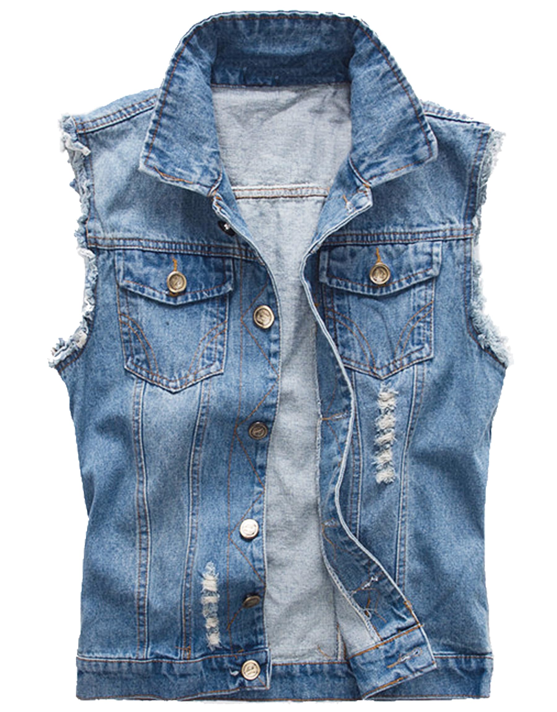 Mens Denim Gilet Ripped Vintage Casual Biker Vest Motorcycle Coat Cowboy Sleeveless Vest Jacket