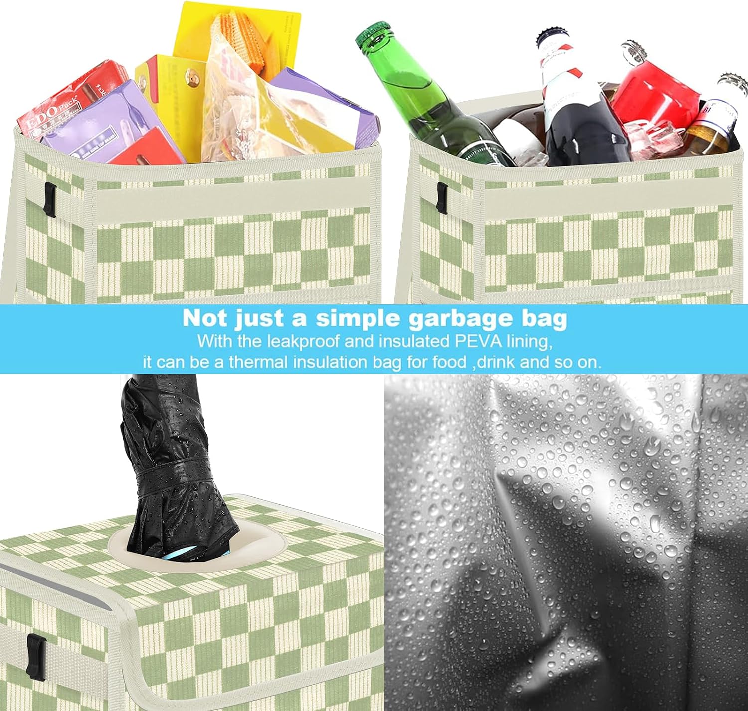 Femuar Leak Proof Car Trash Can with Lid, Collapsible Hanging Waterproof Car Trash Bag with Mesh Pocket for SUV Front Seat Headrest, Large/Beige Light Green Plaid image 5