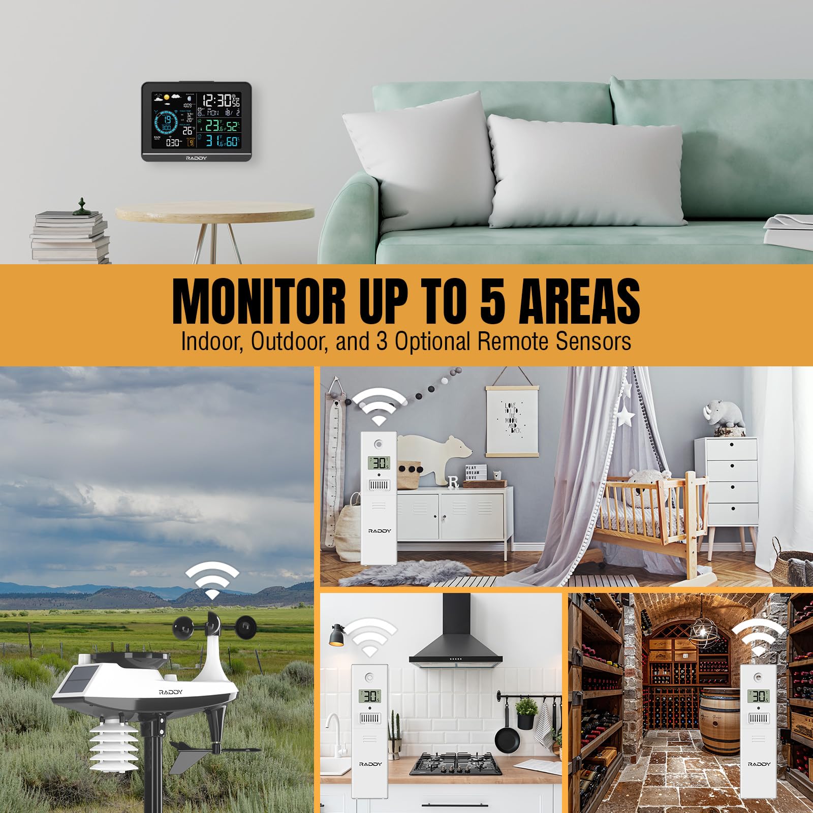 Raddy UV-6 Estación Meteorológica Profesional con Pantalla VA de 6" y Sensor Exterior, Termohigrómetro Inalámbrico Interior/Exterior, Reloj Atómico, Índice UV y Luz, Anemómetro, Pluviómetro