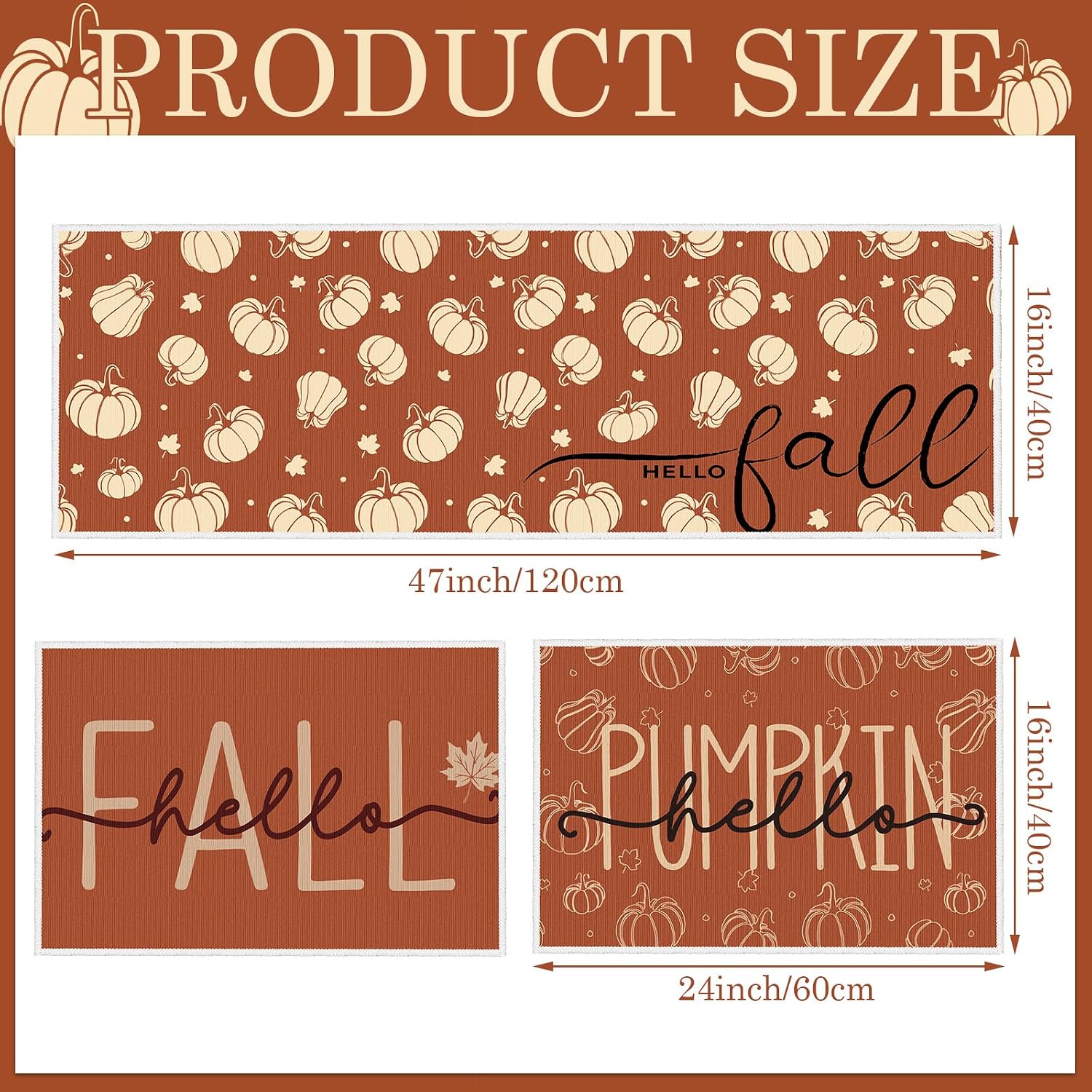 Tinideya 3 Pcs Fall Kitchen Rug Pumkin Mats Set Autumn Rugs Indoor Washable Kitchen Carpet for Fall Thanksgiving Harvest Home Floor Decor, 16 x 24 Inch and 16 x 47 Inch(Pumpkin)