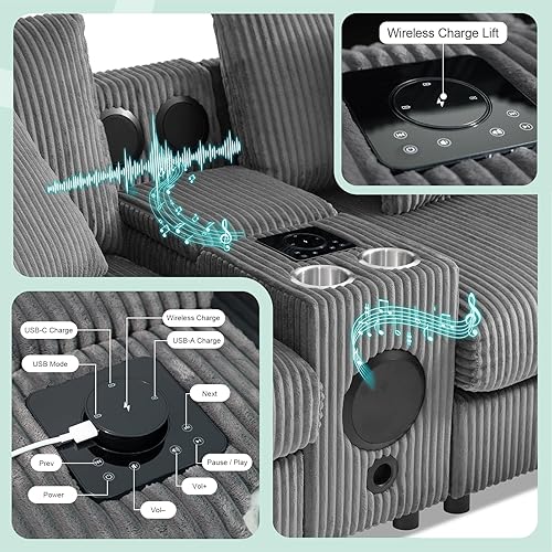 Miniatura 5 de Sofá modular de pana de 114 pulgadas con altavoces, sofás en forma de L, cómodo sofá profundo con consola, cargador USB, portavasos, almacenamiento,