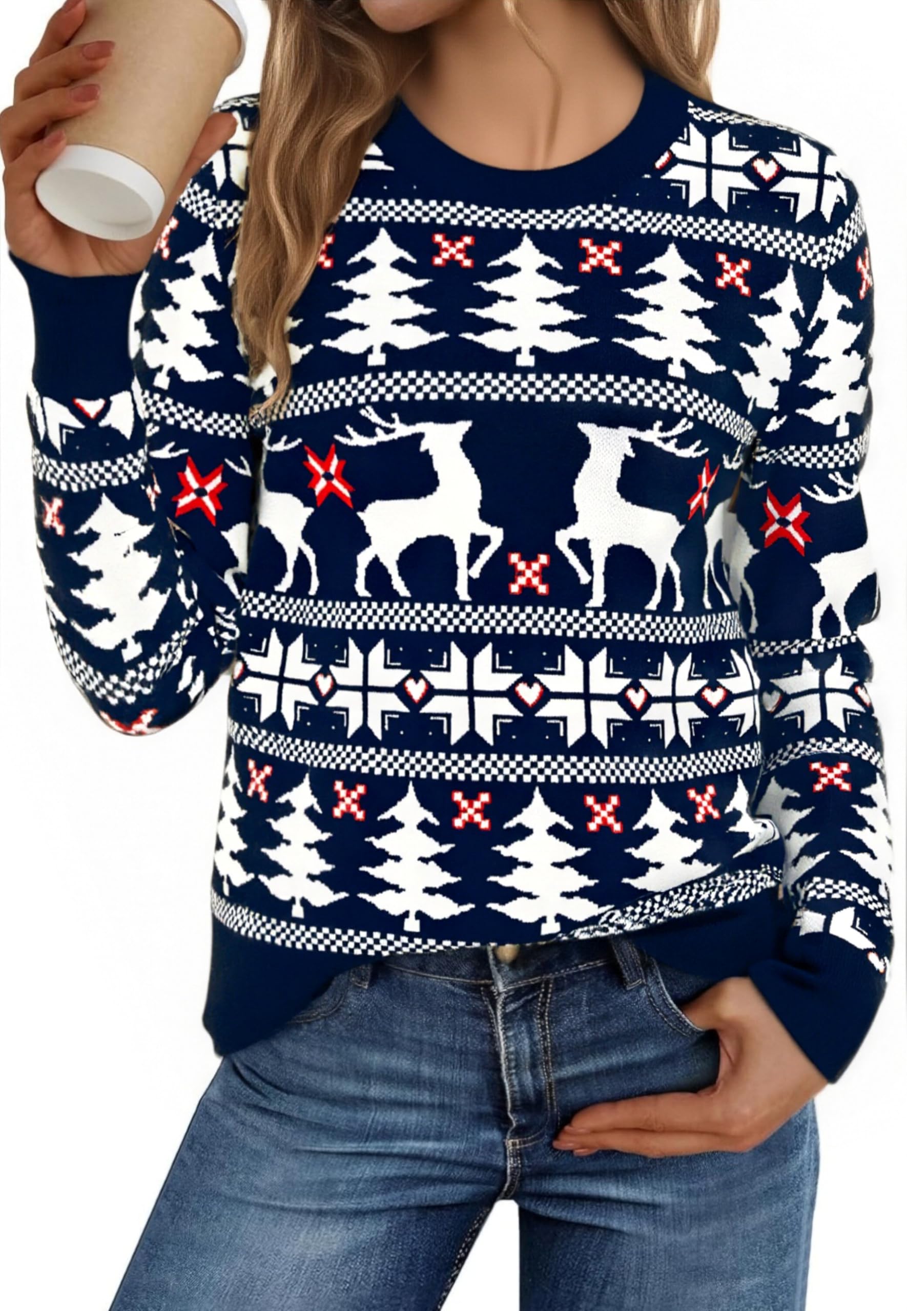 Bresdk Jersey Navideño Mujer Punto Suéter de Navidad Cuello Redondo con Reno Ugly Christmas Sweater Ideal para Fiestas, Fotos, Oficina S-XXL