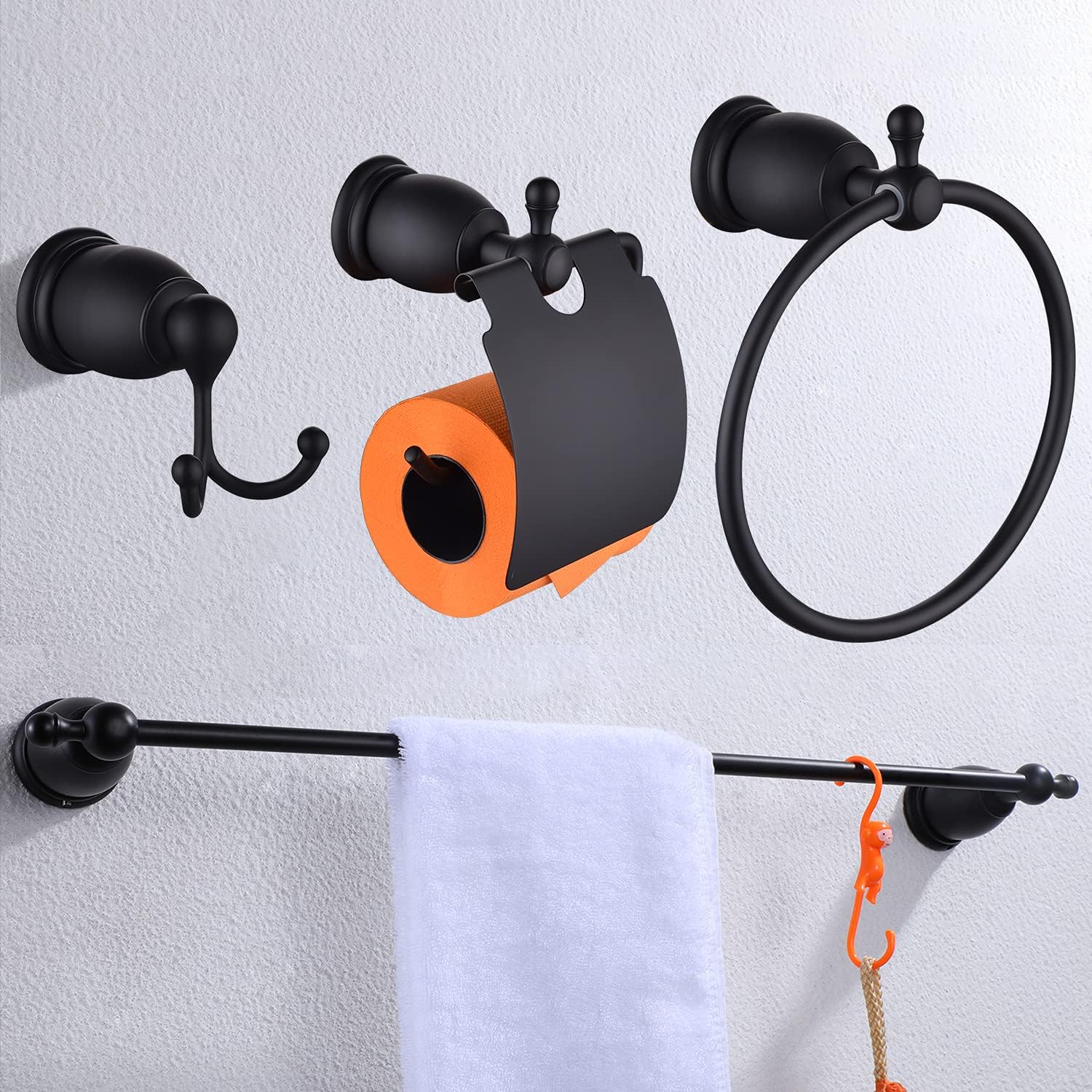 LANC Bathroom Hardware 4 - Piece Accessory Set Includes 23.6" Towel Bar, Toilet Paper Holder, Towel Ring and Robe Hook - Bathroom Towel Rack Set Matte Black TM62E-4S