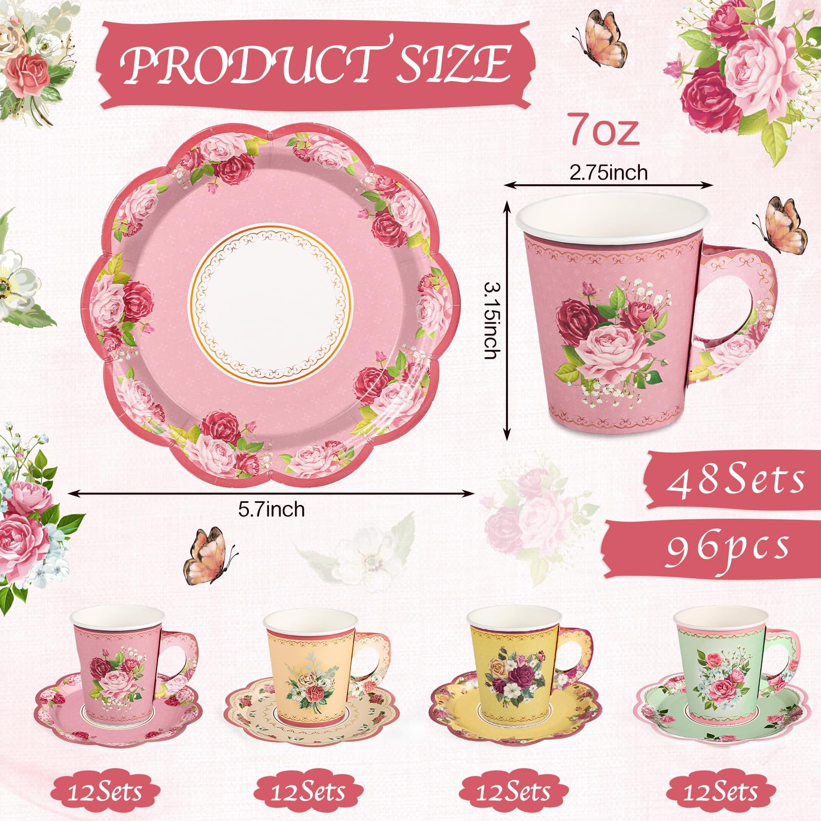 NatNarr Lot de 48 tasses jetables vintage à motif floral 200 ml | Avec poignée et assiettes, tasses à thé et soucoupes pour bébé, fête prénuptiale, mariage, anniversaire (style vintage)