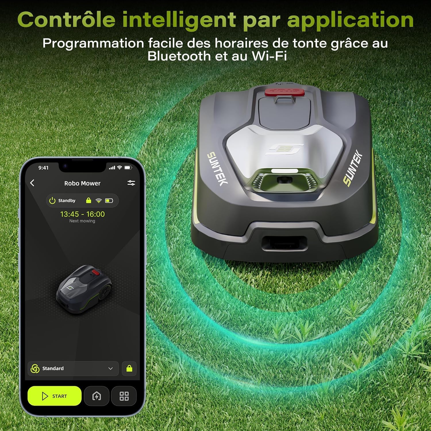 SUNTEK Robot cortacésped inalámbrico periférico – Robot Recortadora IA + visión para 600 m², tecnología IA cámara, Pendiente hasta 35°, estanqueidad IPX5, cartografía automática, multizonas, Control