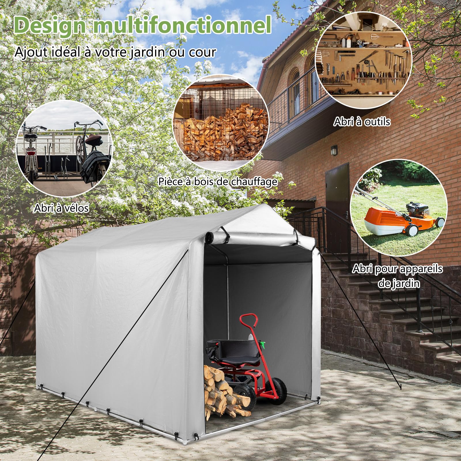 COSTWAY Abri de Vélos Extérieur de 160 x 218 x 164 cm, Abri de Garage Portable pour Vélos avec Porte à Fermeture Éclair Enroulable, Bache Motos pour Terrasse Jardin Cour (Gris Argenté)