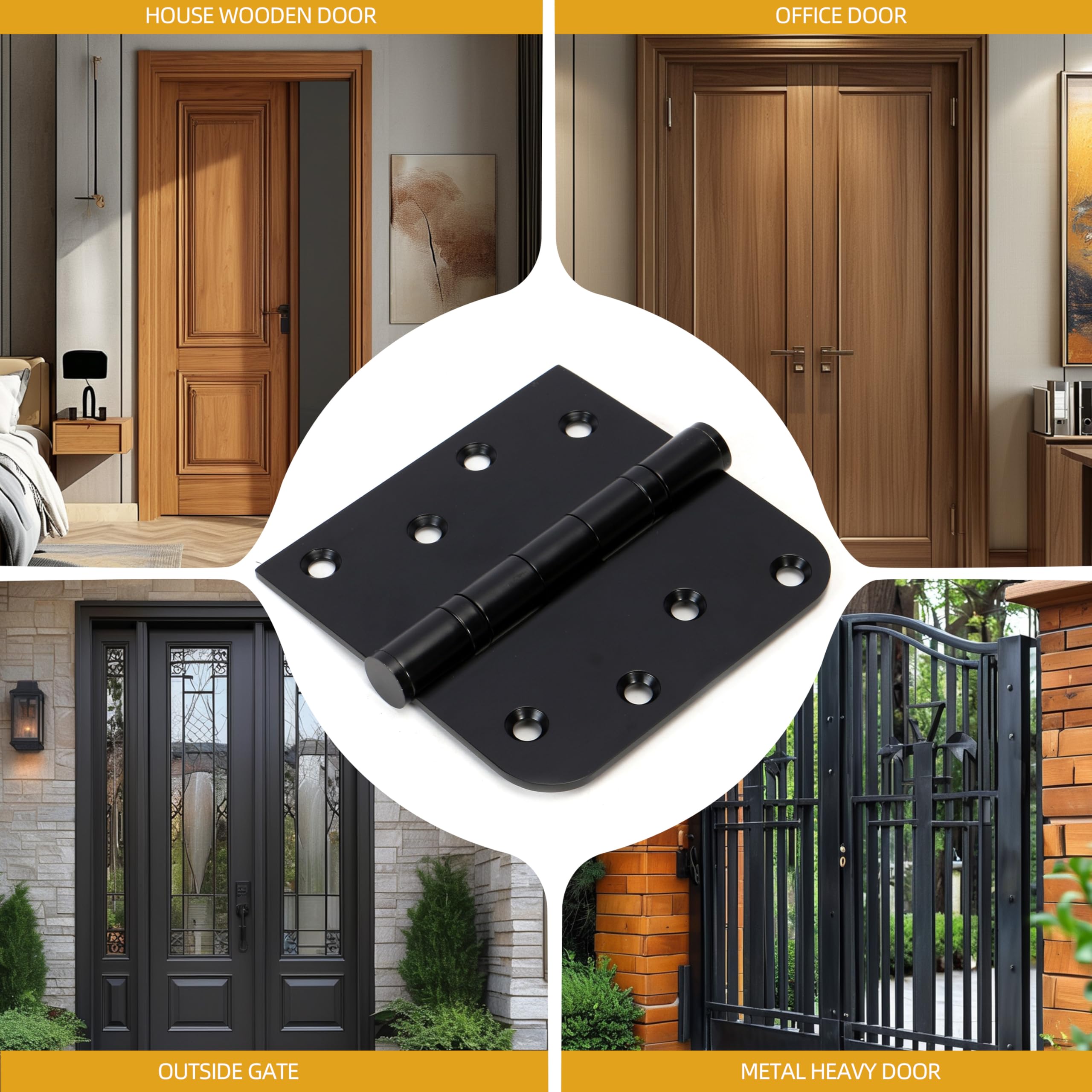 Paquete de 6 bisagras de puerta resistentes de 4 x 4 pulgadas, bisagra cuadrada de acero inoxidable extraíble con esquinas de radio de 5/8 pulgadas, accesorios de puerta exterior e interior para