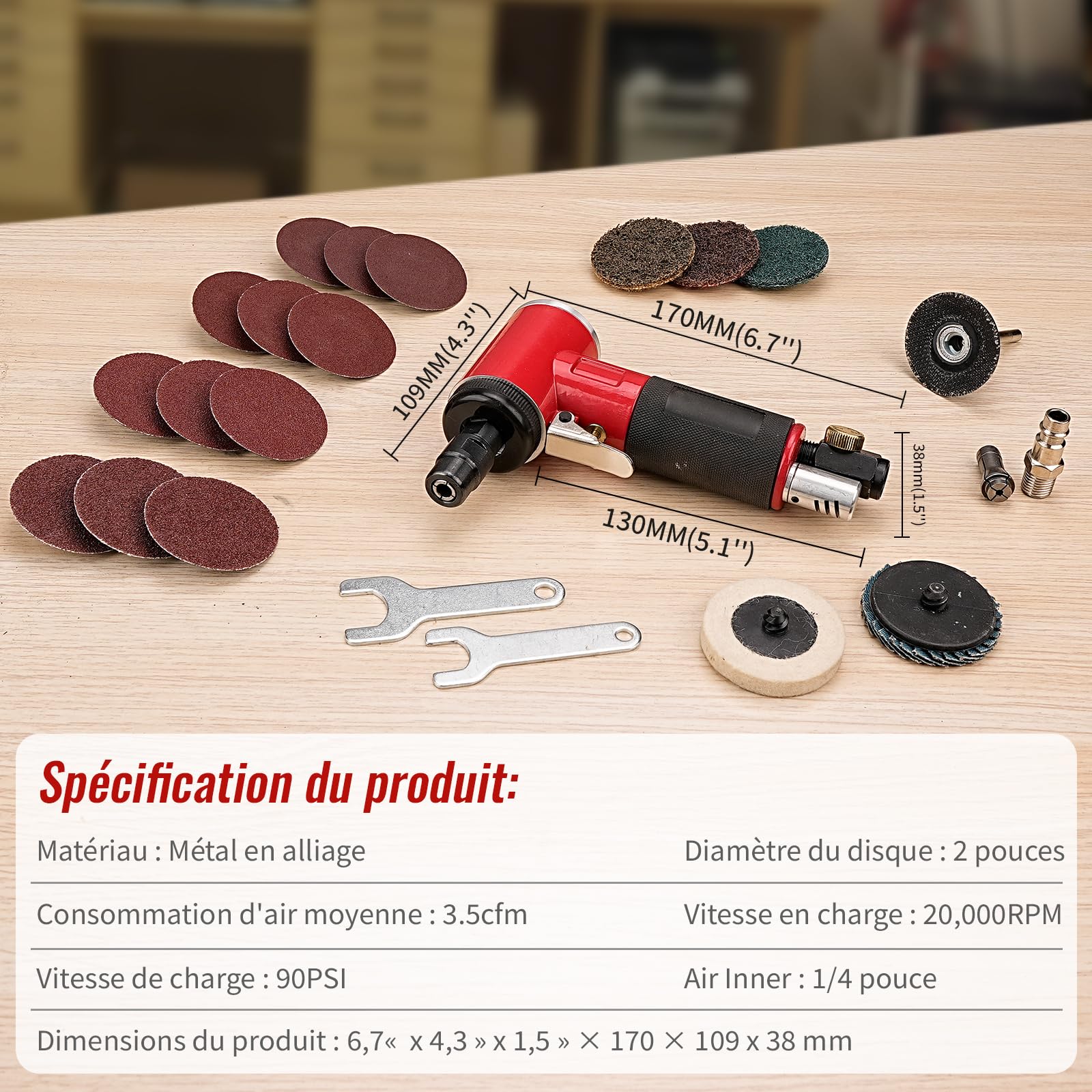 Amoladora de ángulo neumática, kit de amoladora de aire comprimido incluye mini amoladora angular neumática con 17 unidades de 2 pulgadas diferentes discos abrasivos, 2 portabrocas de 3 mm