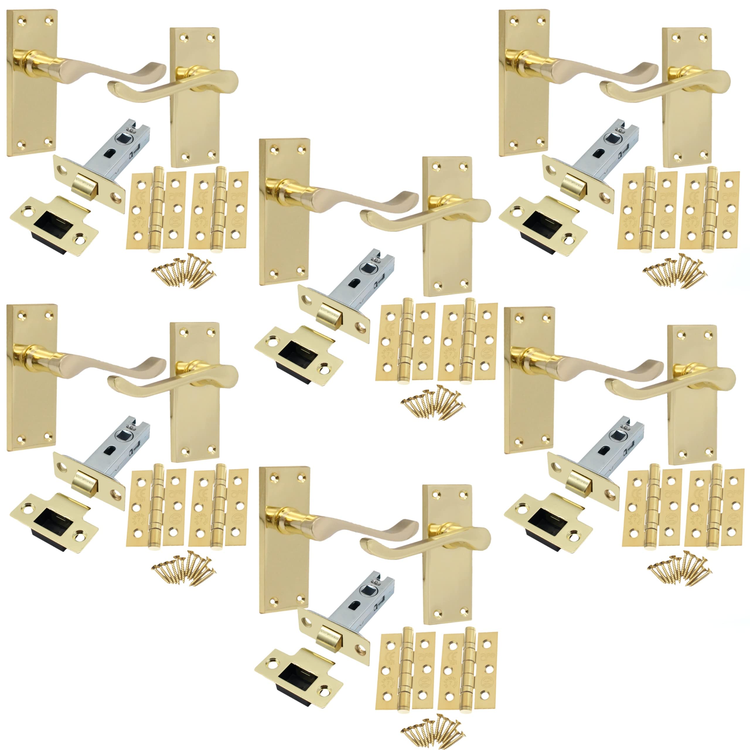 Eai Polished Brass Victorian Scroll Door Handles Latch Pack - Pack Of 6
