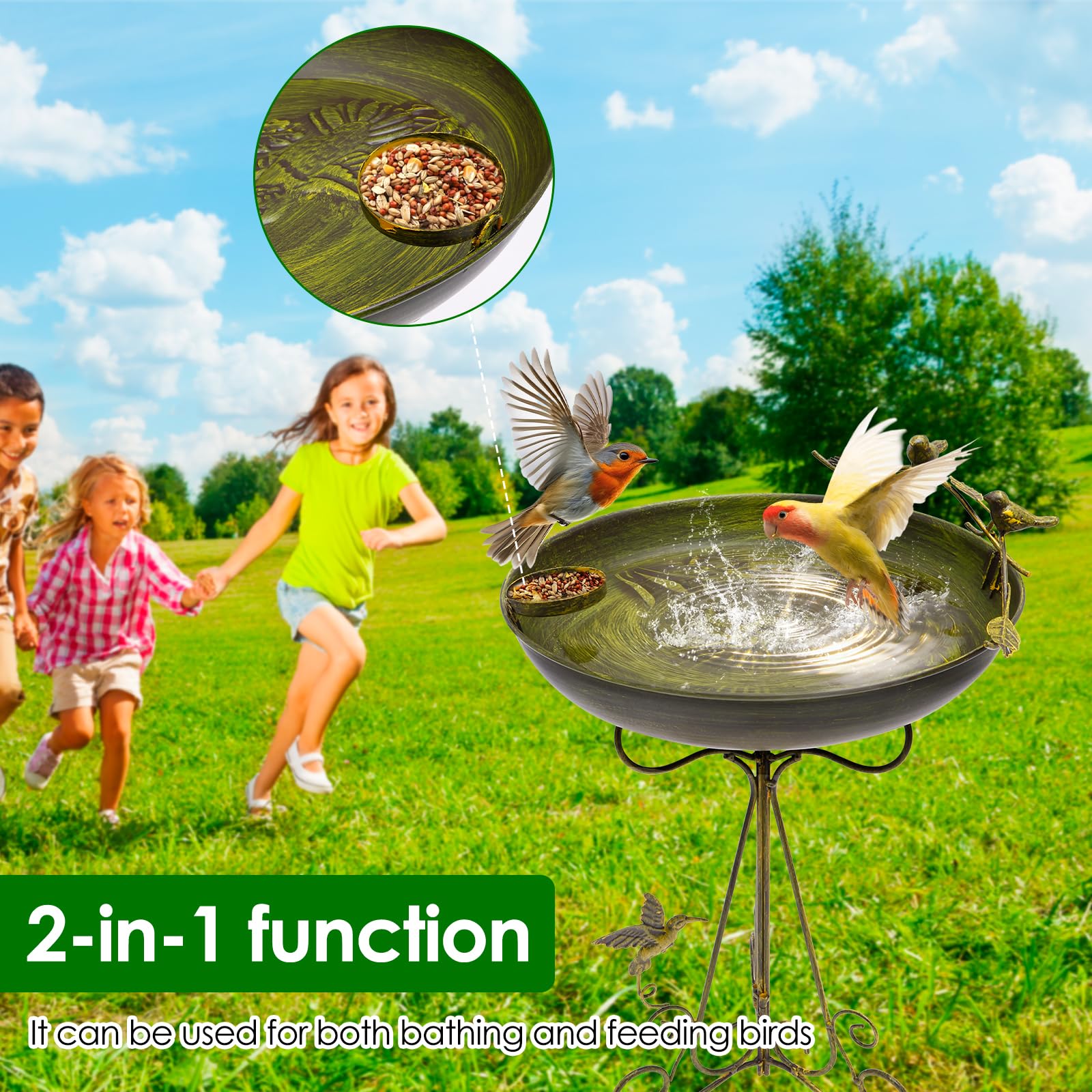 Vogeltränke Stehend 102x31cm Vogelbad Groß Retro mit 5-Krallen-Basis Kleine Schale Wassertränke für Vögel Rostschutz Kippschutz für Terrassen Rasenflächen Gartenoberflächen (Olivgrün)
