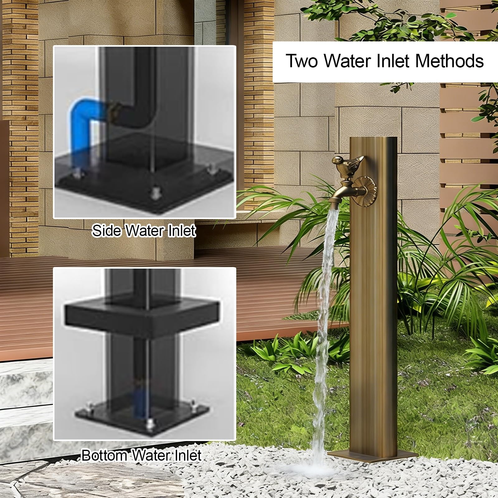 Manguera de jardín con grifo, grifo de agua independiente, hidrante de jardín decorativo con entrada lateral y entrada inferior, columna de agua al aire libre para un fácil acceso