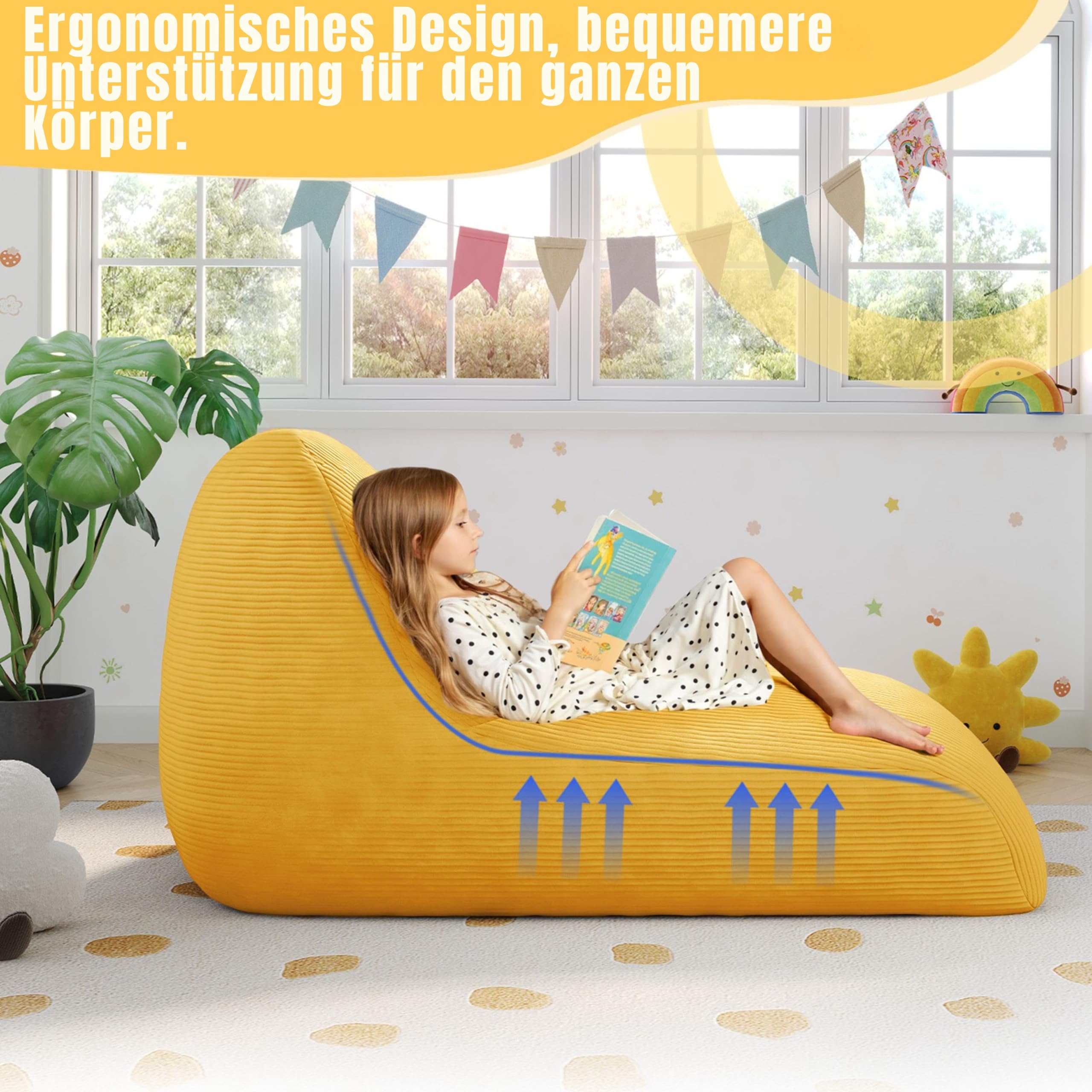 MeMoreCool Cord Sitzsack Kinder von 8–12 Jahren, großer Sitzsäcke mit Füllung, großer Lounge-Sitzsessel für Kuschelecke Kinderzimmer, gemütliche Bodenliege für Mädchen und Jungen, Gelb
