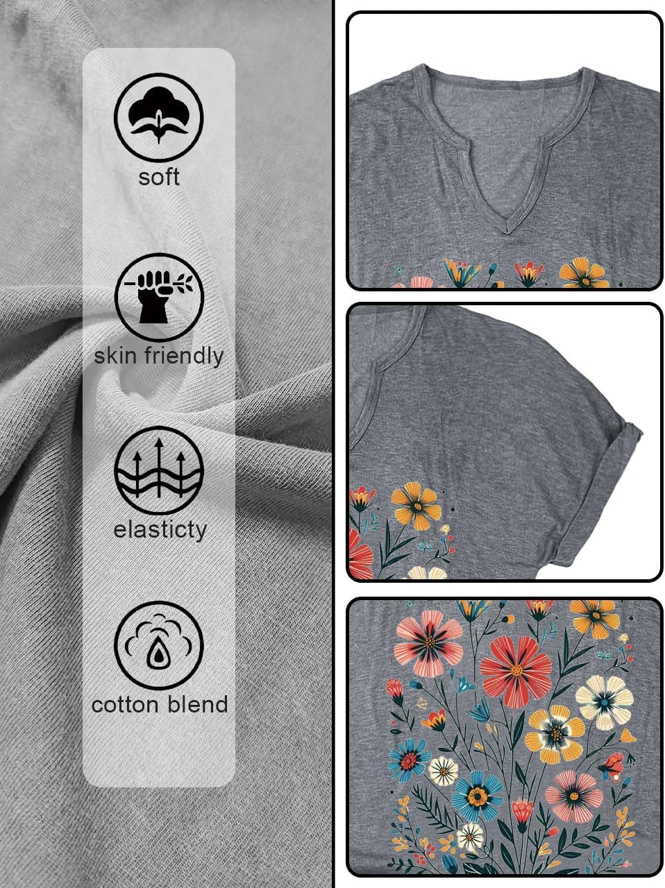 Women's T-Shirts Vintage Flowers V Neck Boho Floral Wildflowers Graphic Tee Casual Cottagecore Short Sleeve T Shirt - Image 4