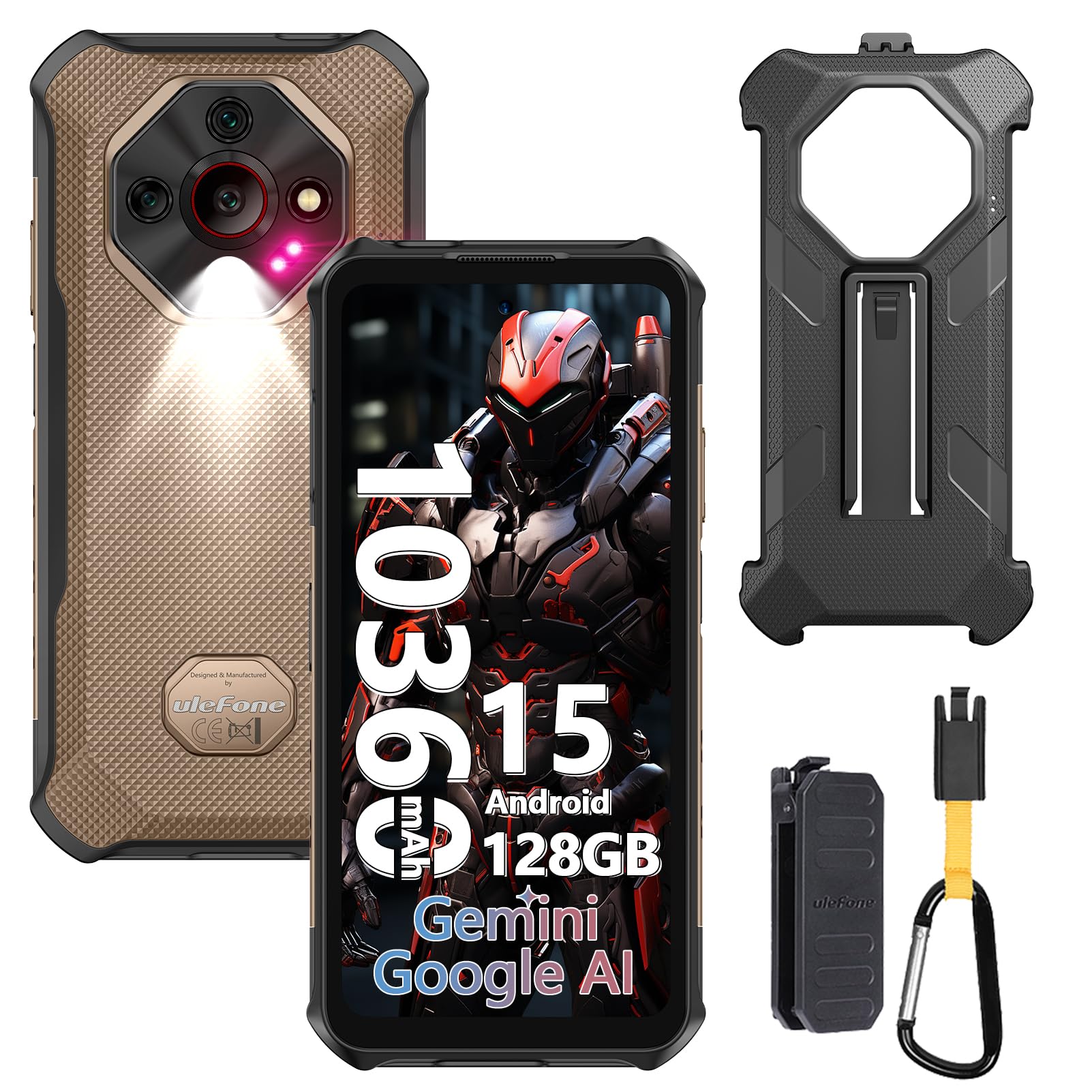 Ulefone Armor X16 Cellulari Android 15, 12GB+128GB/SD-2TB 10360mAh, 48MP+16MP+20MP Visione Notturna con 133LUM Torcia abbagliante Rugged Smartphone 6.56", 3-Slots/Face ID/Fingerprint/GPS/OTG/NFC Ambra