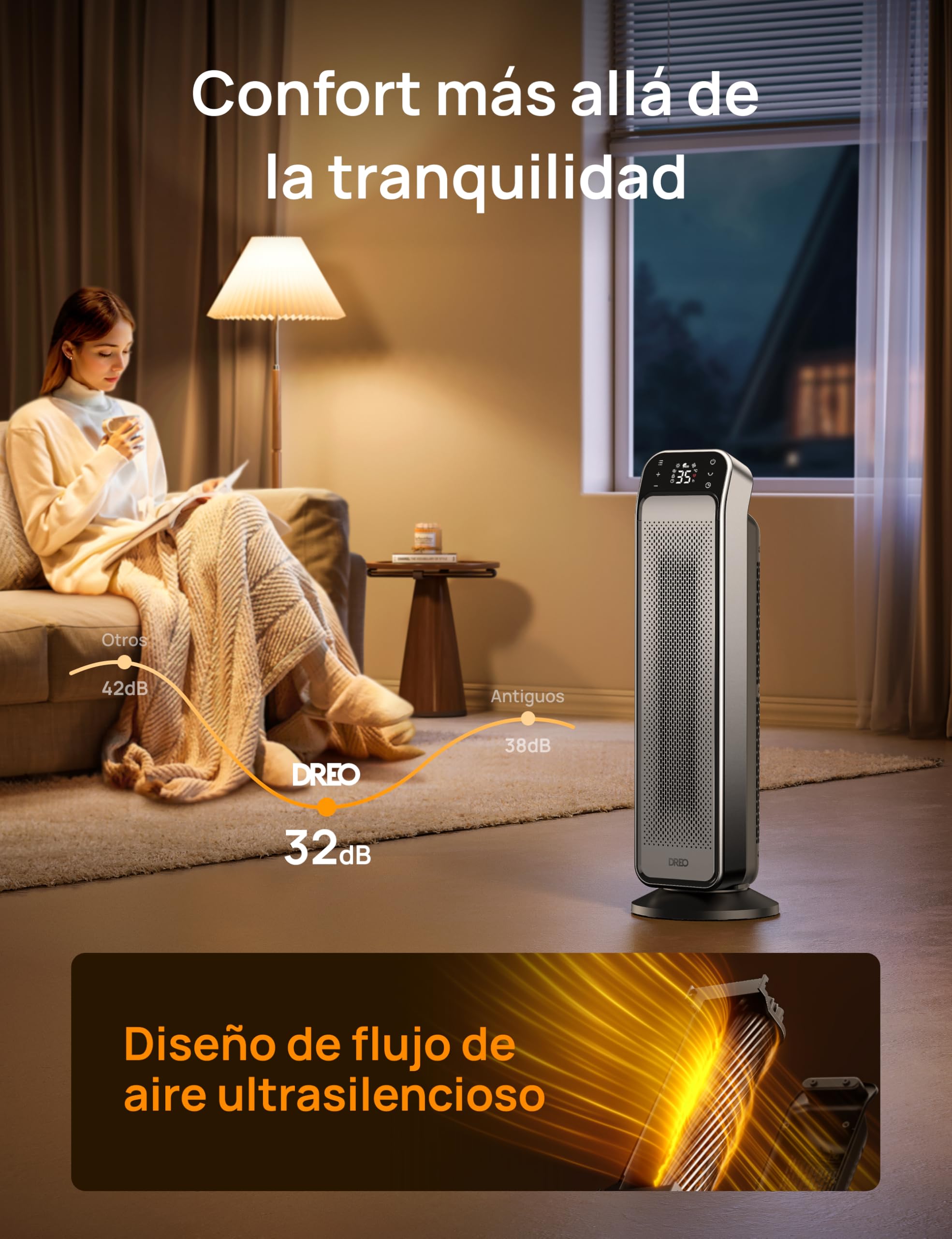 DREO Calefactor Bajo Consumo Silencioso, 25 Pulgadas, 1500W, Calefactor Eléctrico Cerámico con Control Remoto y Termostato, 3 Modos, 12h Función Temporizador, Protección antivuelco, Solaris Max