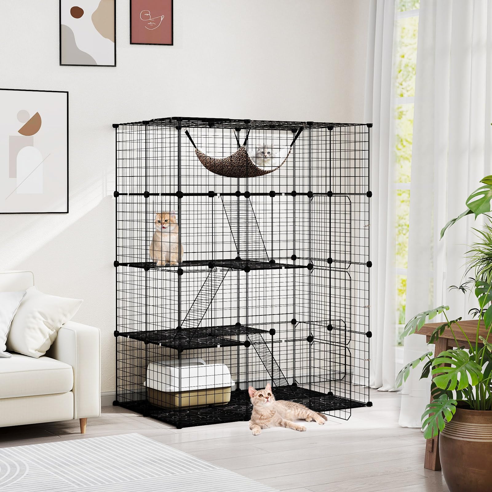 GYMAX Casa Gabbia per Gatti a più Livelli, in Metallo, Recinto per Gatti con Amaca Rimovibile, Porta, Scale, Parco in Metallo per Animali Domestici per Conigli e Cuccioli (109,5 x 74 x 142 cm)