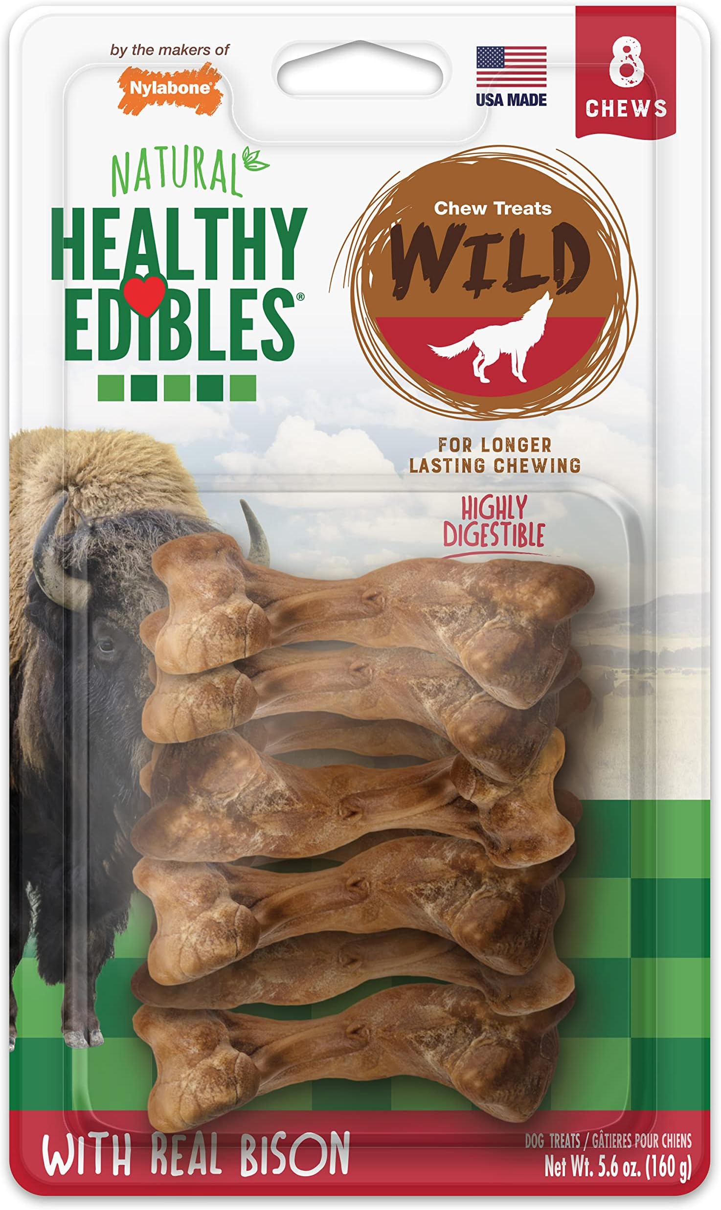 Nylabone Healthy Edibles WILD Natural Long Lasting Chews, Bone Chew Treats for Dogs, Bison Flavor, Small (8 Count)