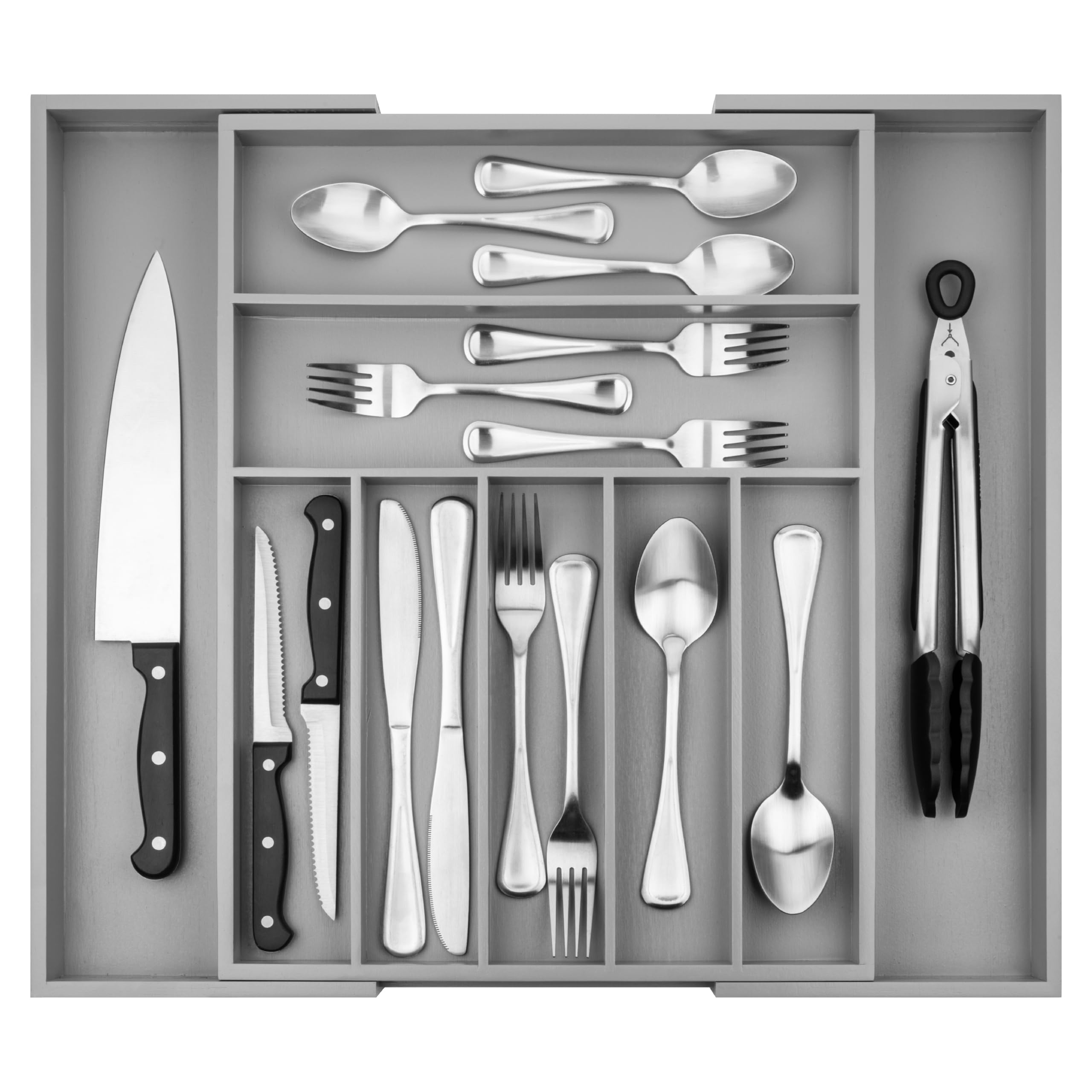 Purawood Bamboo Drawer Organizer - Expandable Silverware Organizer & Utensil Organizer, Cutlery Tray with Dividers, 7-9 Slots - Premium Kitchen Drawer Organizer for Utensils & Flatware (Grey)