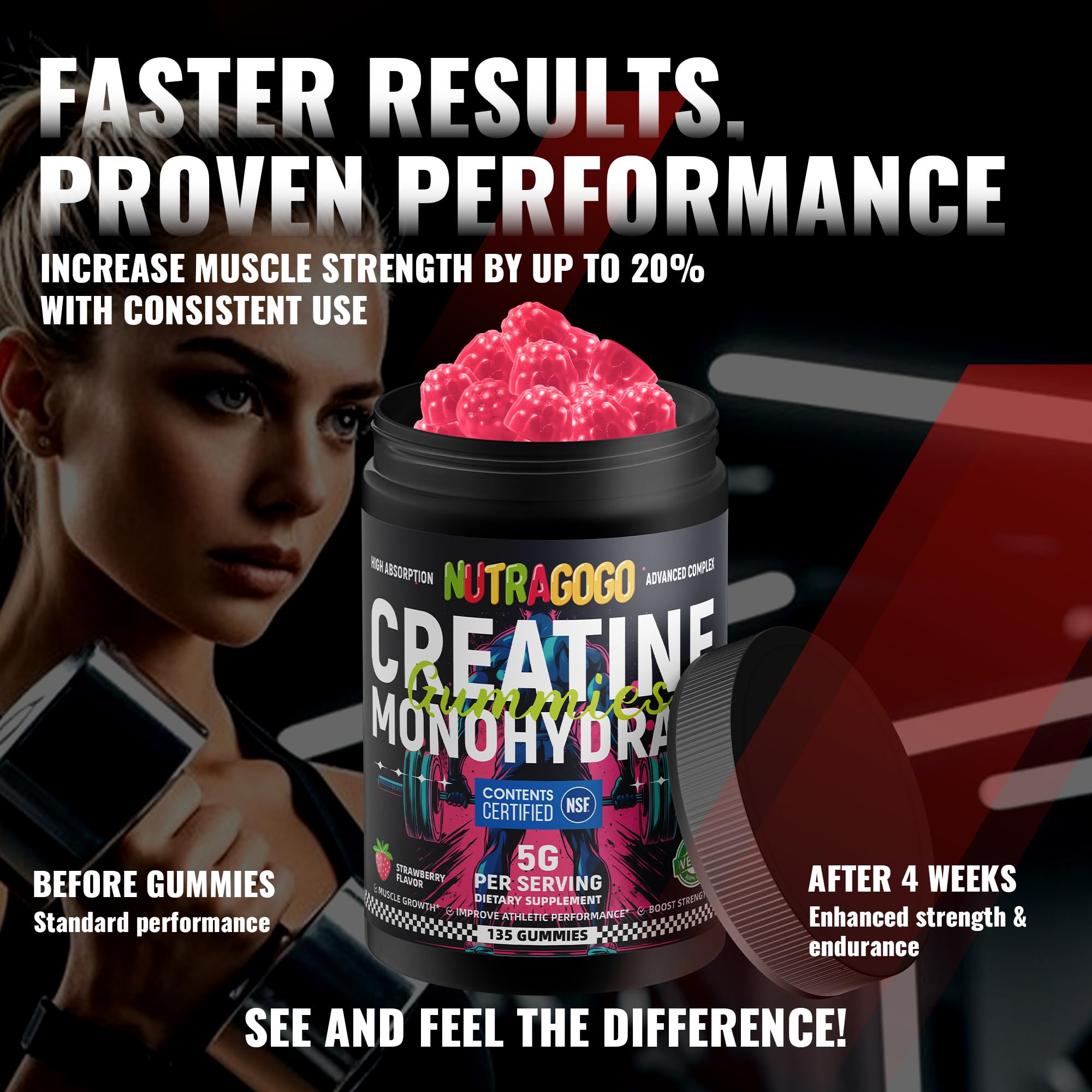 NSF Certified Creatine Gummy - Creatine Monohydrate Gummies for Men & Women-5g of Creatine Monohydrate per Serving - Sugar Free,Vegan, Strawberry Electrolyte Chews, 135 Count — Amazon image 8