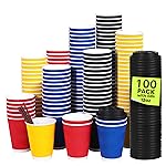 MOUMOULIFE 100-Pack Disposable Coffee Cups with Lids - 12 oz Insulated Paper Cups, To Go Paper Coffee Cups with Lids for Hot & Cold Drinks, Corrugated Design for Office, Home, Party