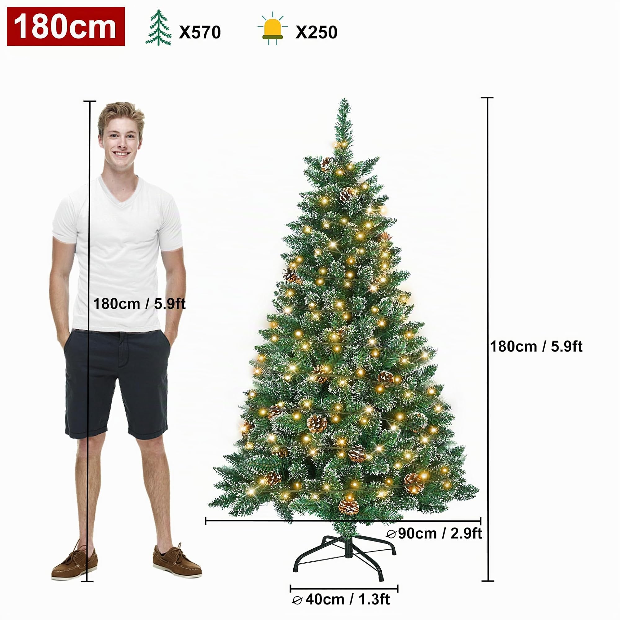 YRHome Sapin de Noël Artificiel 180cm avec Éclairage Effet Neige & Pommes de Pin LED PVC Vert avec Support pour Décoration de Noël