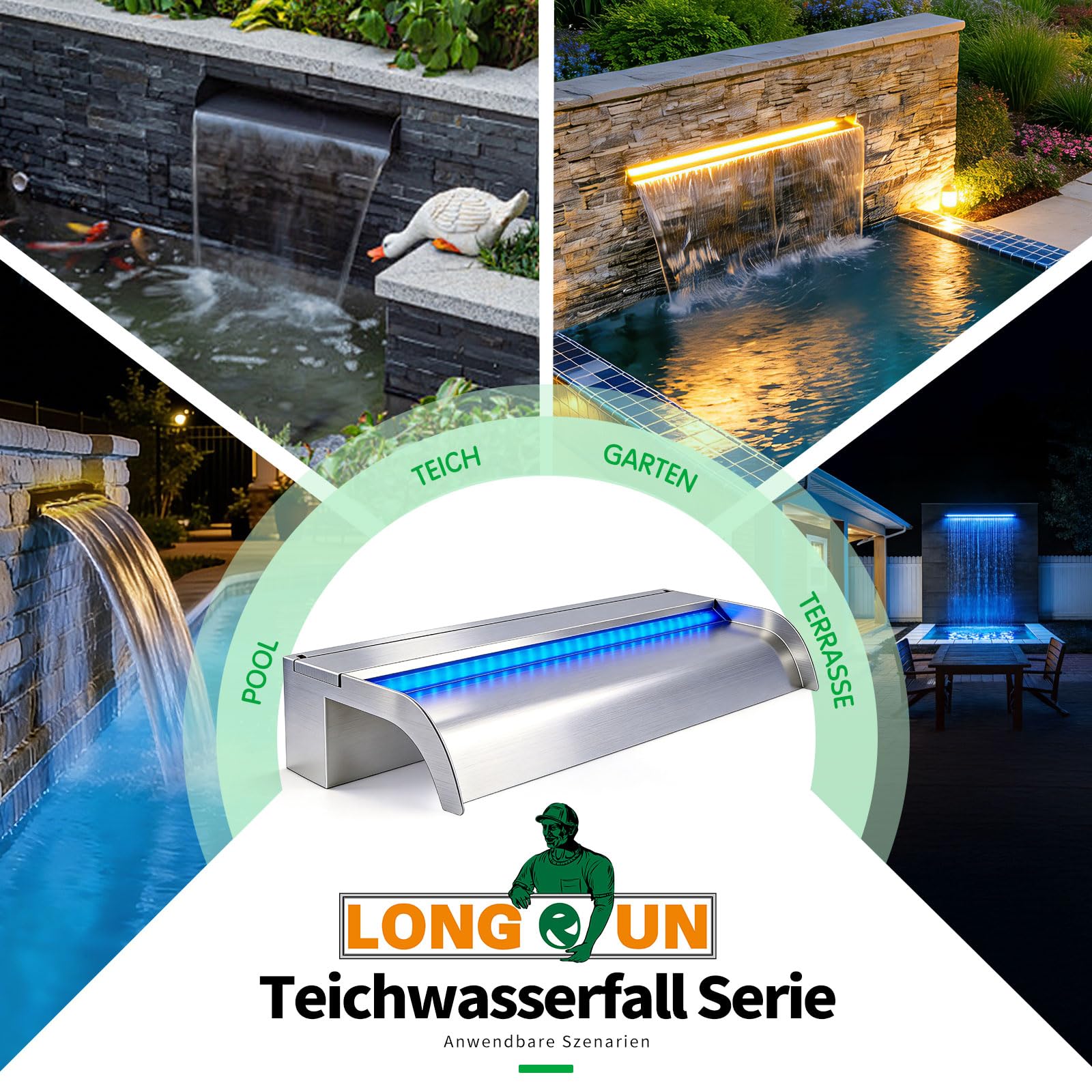 LONGRUN 90cm Gebogener Teich-Wasserfall aus Edelstahl 304 mit RGB LED-Leiste & Bluetooth-App-Steuerung, Garten-Wasserfall für Teich, Pool und Schwimmbad