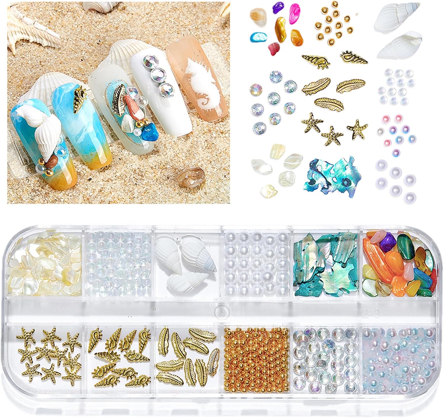 3 Boxes Summer Beach Art Rhinestones, Ocean Theme Charms Starfish Seashell Conch Studs Sea Series Rivets Manicure DIY Nail Decorations for Women Girls (B)