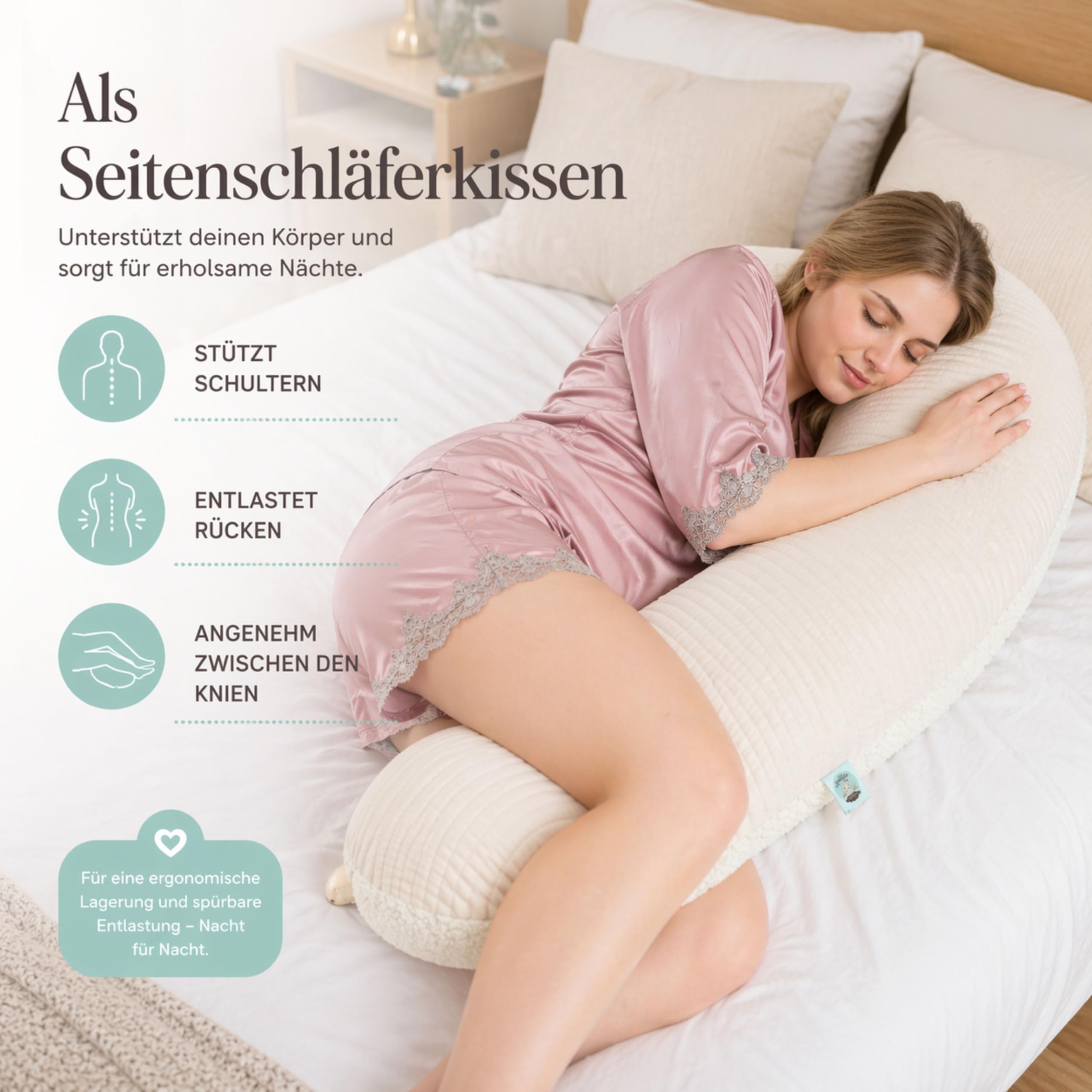 Sei Design Cojín de Lactancia XXL ergonómico, 190 x 30 cm, cojín de Embarazo, cojín cómodo para Adultos | Nestchen recién Nacidos, cojín con Funda 100% algodón