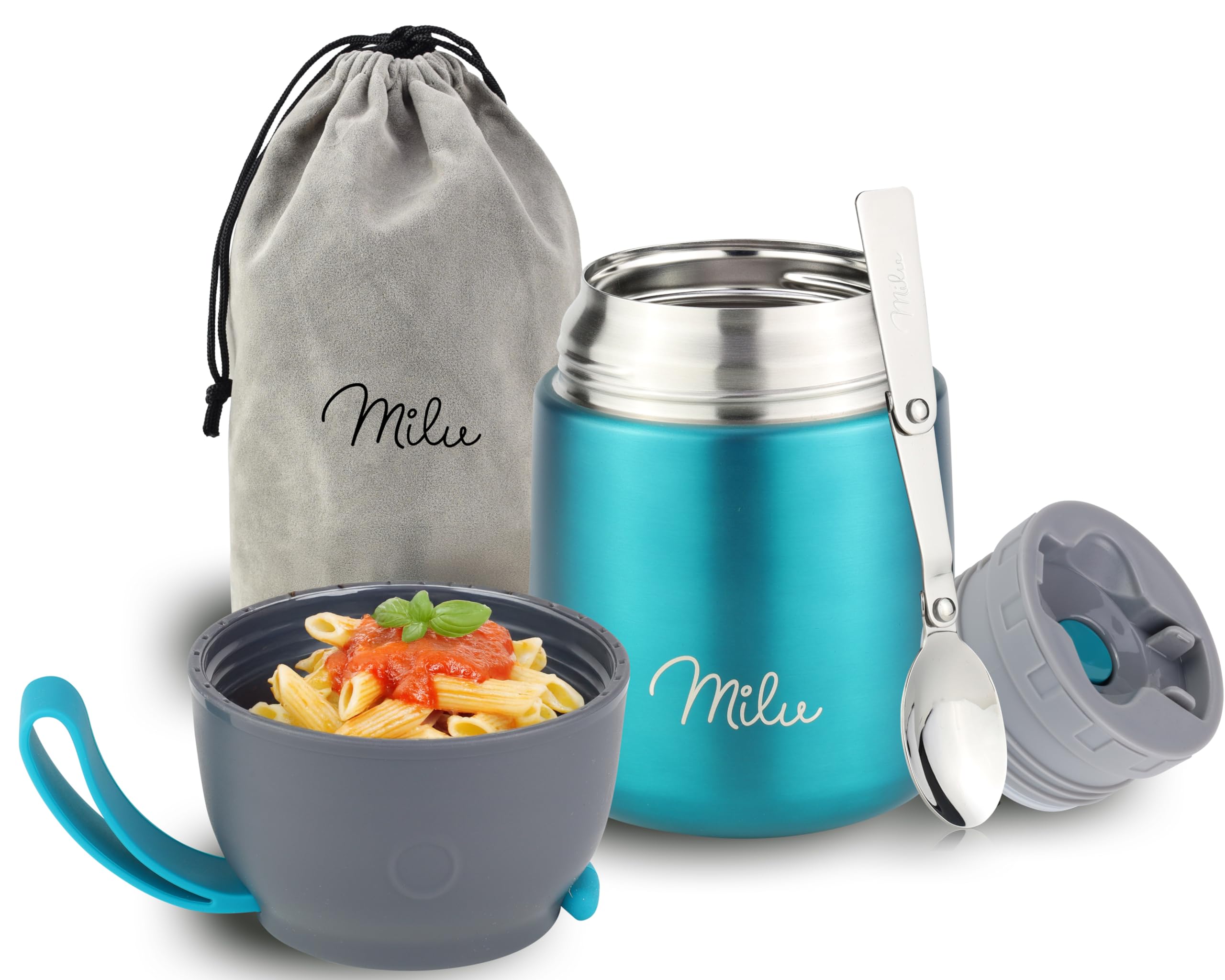 Milu Food Flask for Hot Food - 450ml Leakproof Insulated Stainless Steel Thermal Lunch Box, Soup Container with Spoon, BPA-Free, To go Meal Prep, Porridge (Green, 450ml)