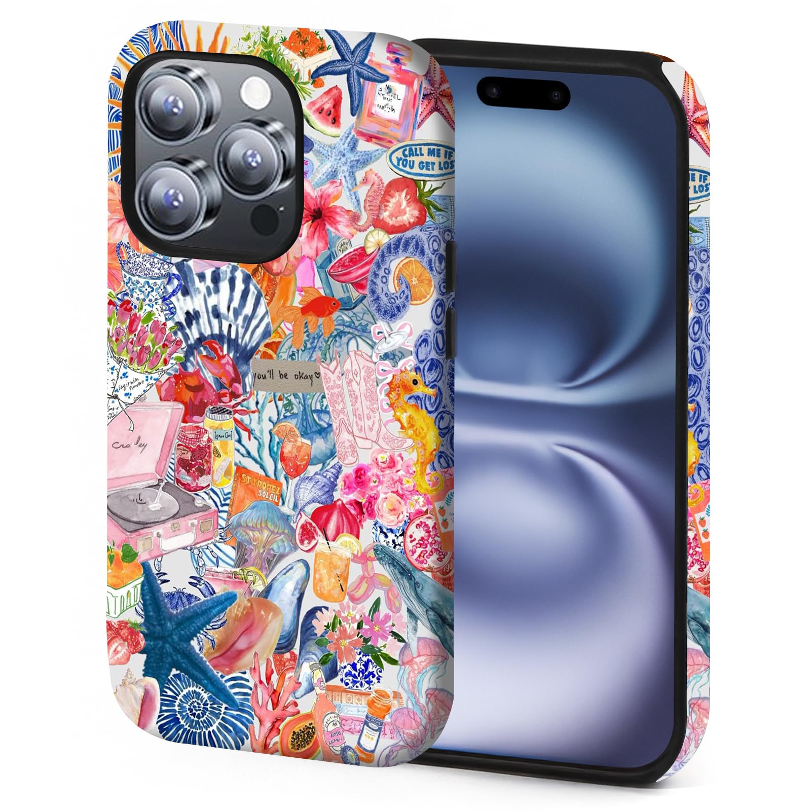 XUNBOTINGS Compatible with Magnetic for iPhone 16 Case, Ocean Beach Summer Collage Art Design, Protective Phone Cover with Anti-Shock Features (for