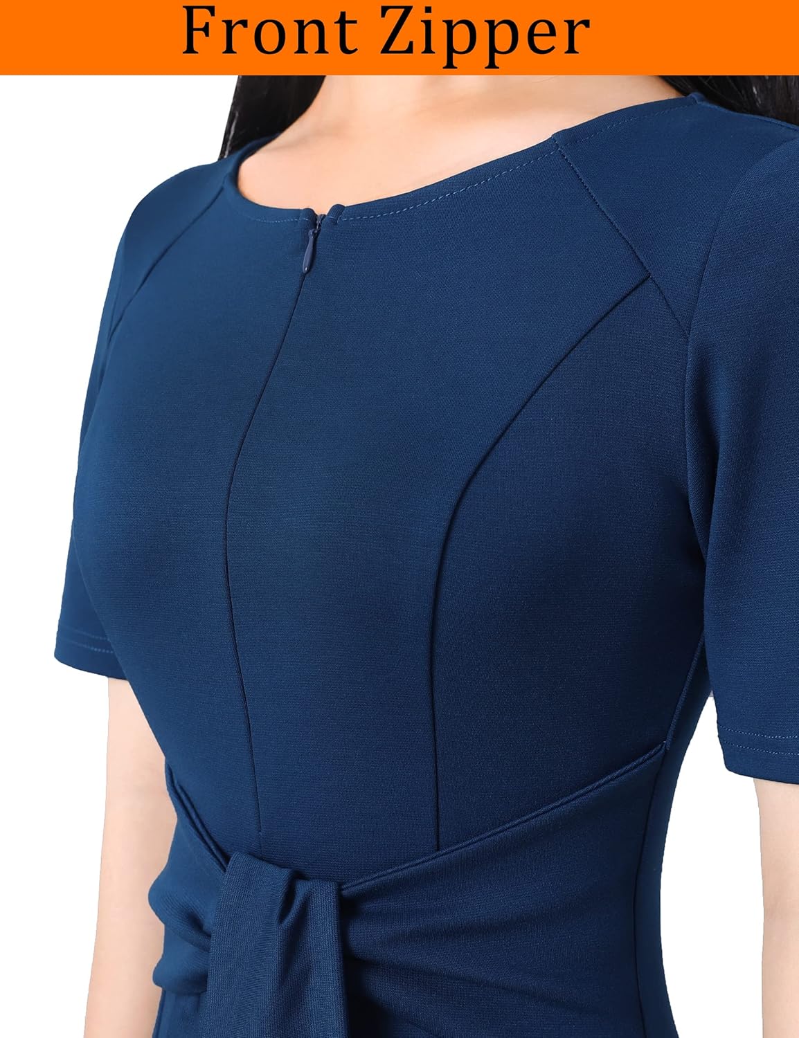 VFSHOW Womens Front Zipper Tie Waist Bow Short Sleeve Slim Fitted Work Business Office Party Bodycon Pencil Sheath Dress - Image 3