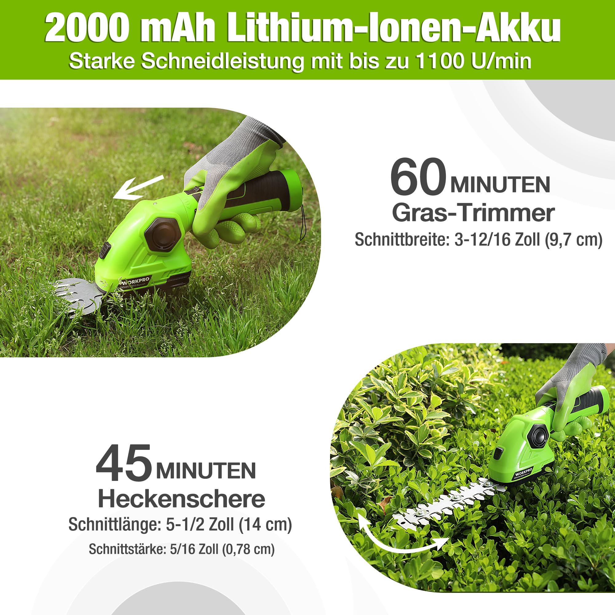WORKPRO Akku Gras- und Strauchschere, Kabellose Handliche Grasscheren | 7,2V, 2000mAh, 2 Verschiedene Messer, Schnittbreite 9,7cm, Schnittlänge 14cm, mit Akku und Ladekabel