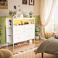 Vista 21 de Cómoda para dormitorio, soporte de TV con tomas de corriente y luz LED, cómoda de 6 cajones con bolsillos laterales y ganchos, cómoda ancha