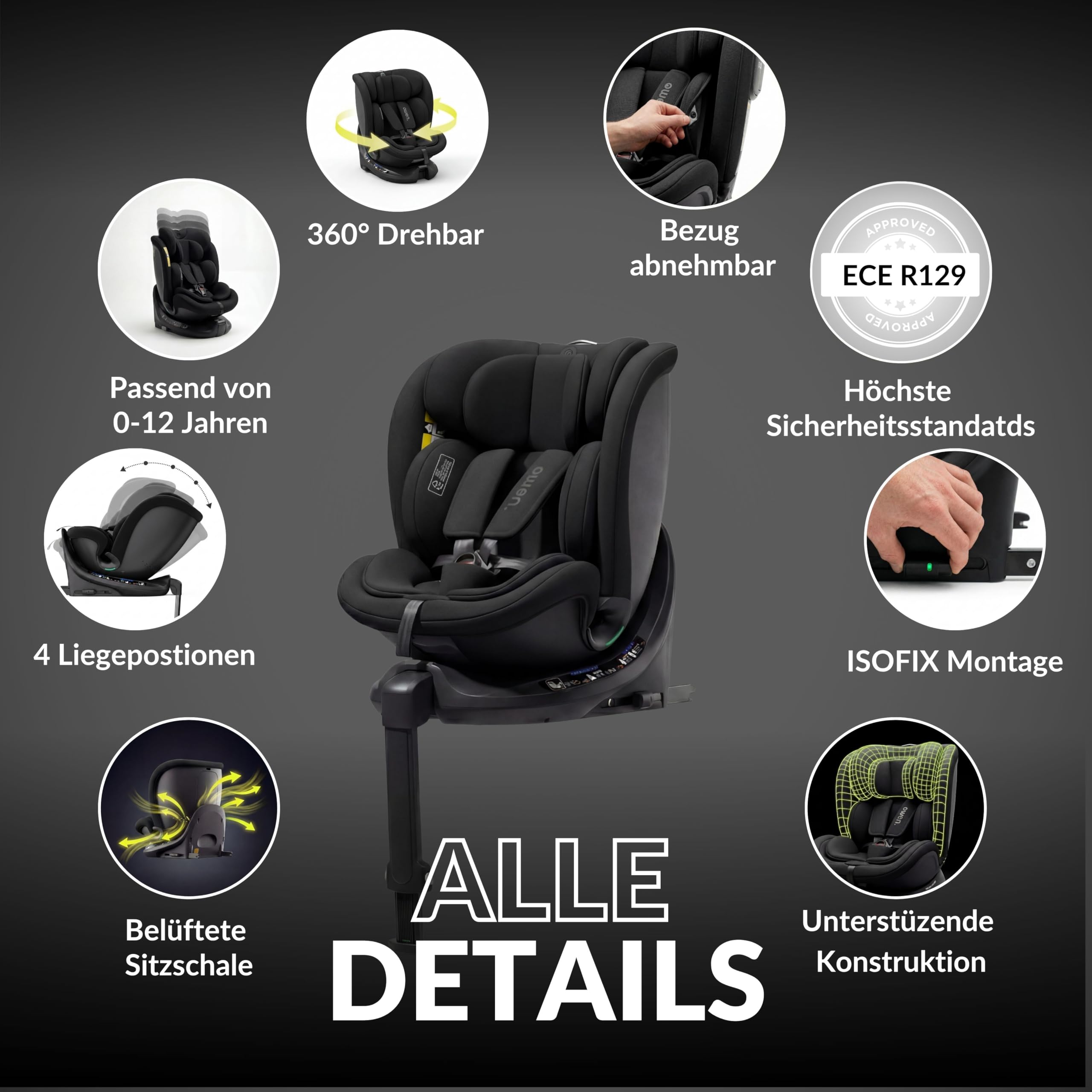 OWEN 360Comfy Kindersitz 360° drehbar Isofix Reboarder 0-36 kg – Schwarz | ECE R129 i-Size geprüft (40-150 cm, 0-12 J.) – Seitenaufprallschutz, Sonnenverdeck, 360° drehbar & rückwärtsgerichtet